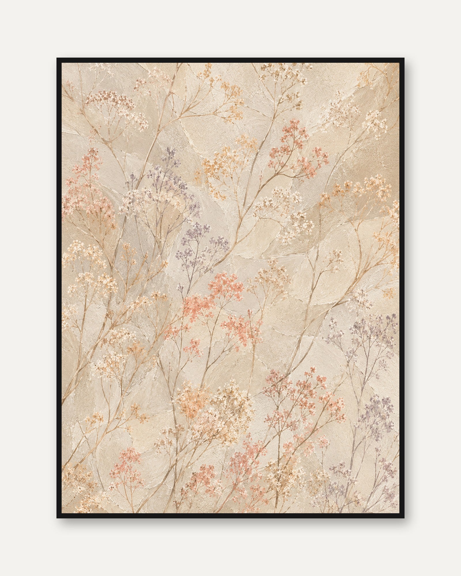 Delicate Wildflower Branches Wall Art: Soft Beige Botanical Print - framed