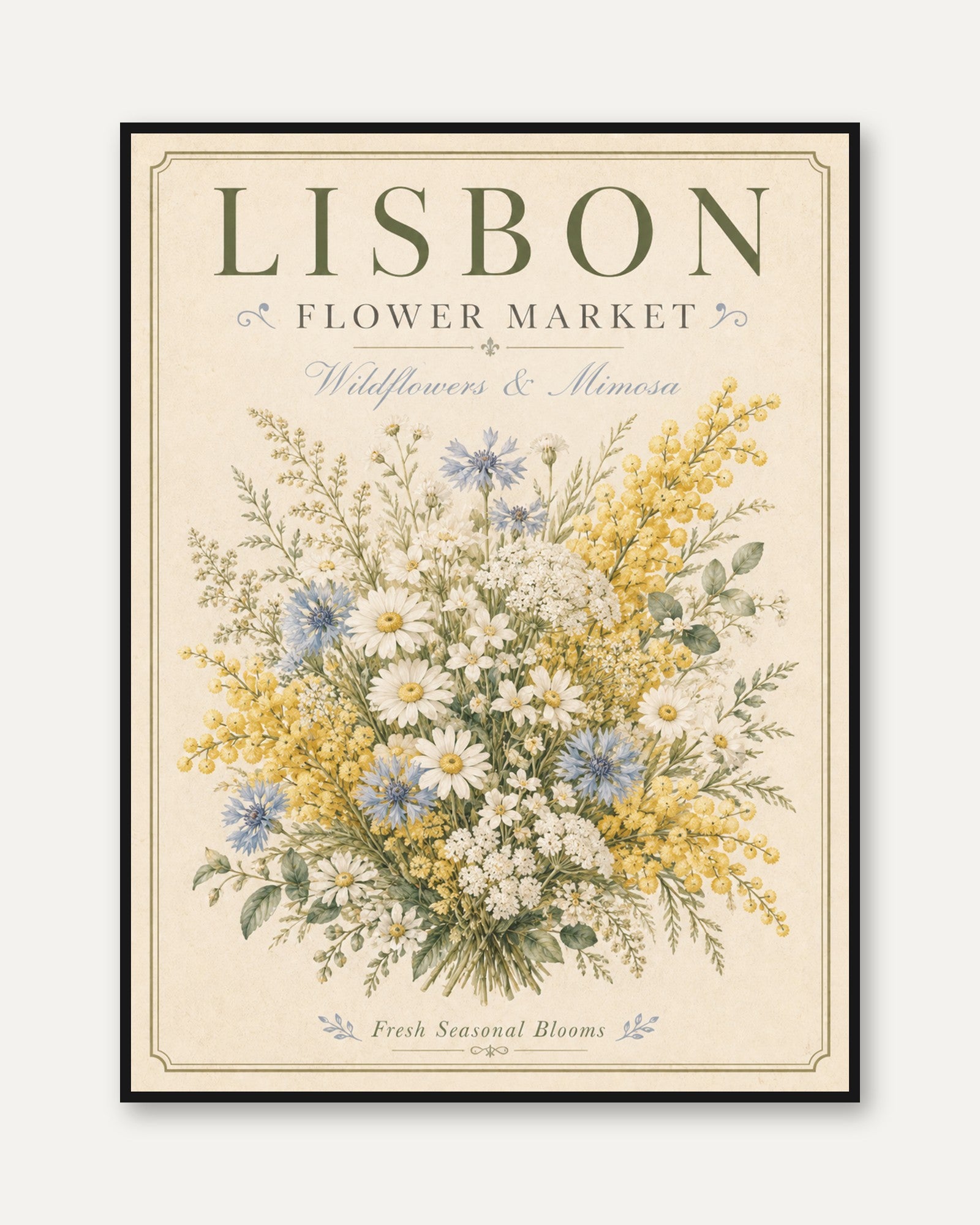 Vintage Botanical Print — Lisbon Flower Market Wildflowers & Mimosa - framed