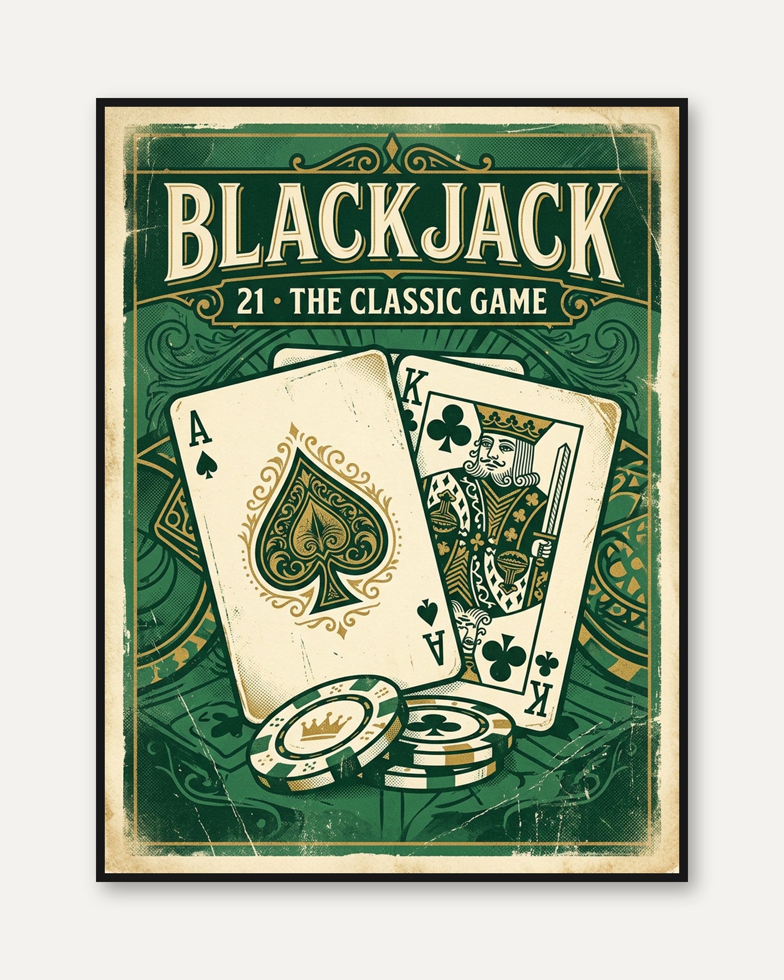 Vintage Blackjack Poster Print — Retro Casino Game Room Art - framed