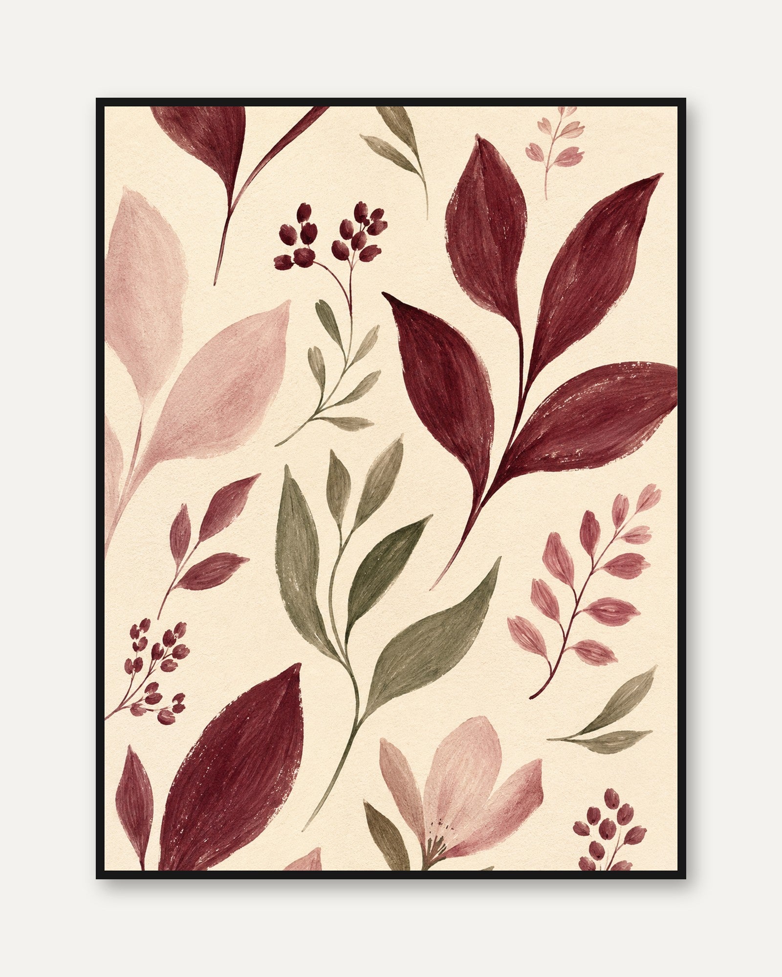 Burgundy Botanical Art Print: Watercolor Leaves and Berries - framed