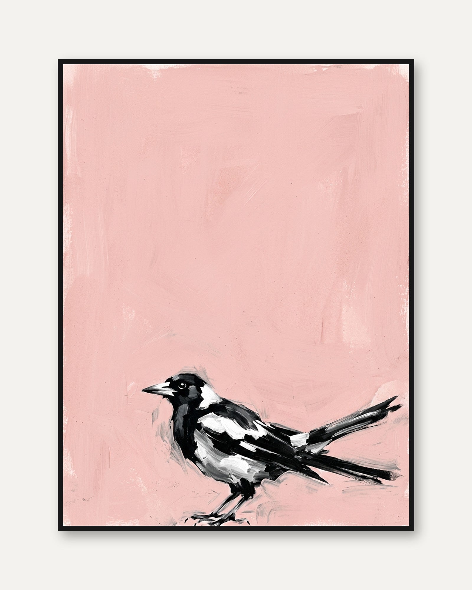 Magpie Bird Art Print: Black and White on Pink Background - framed