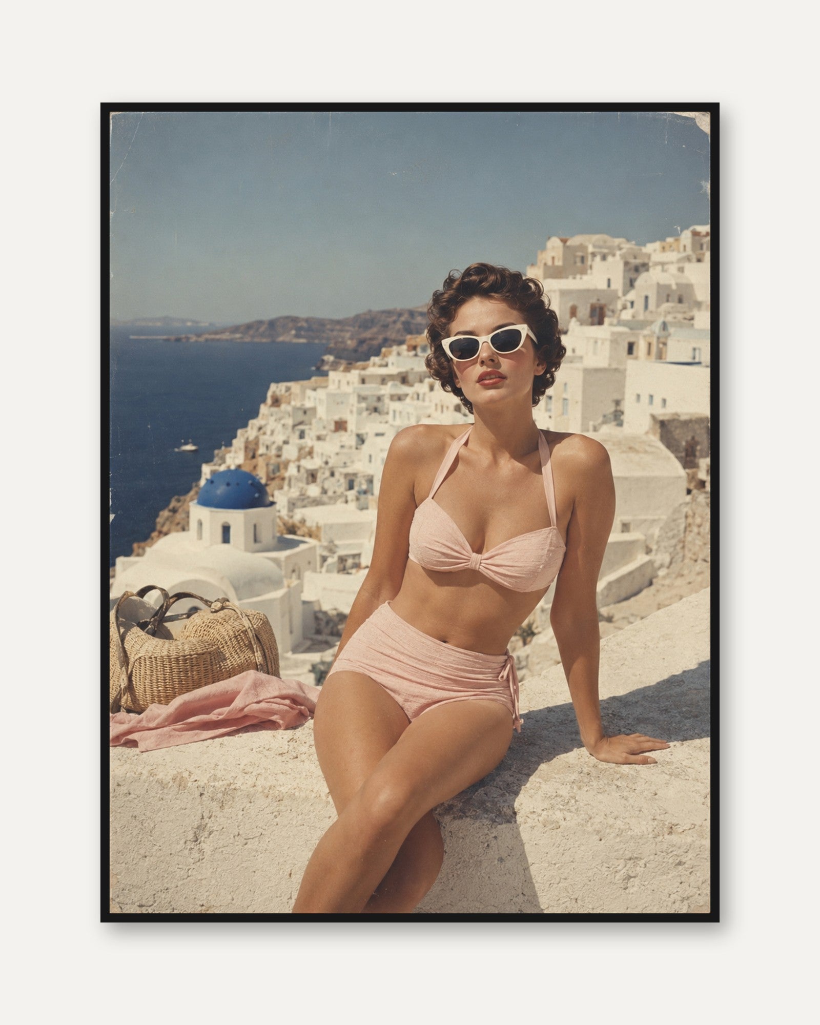 Vintage Santorini Summer Print: Retro Mediterranean Travel Poster - framed