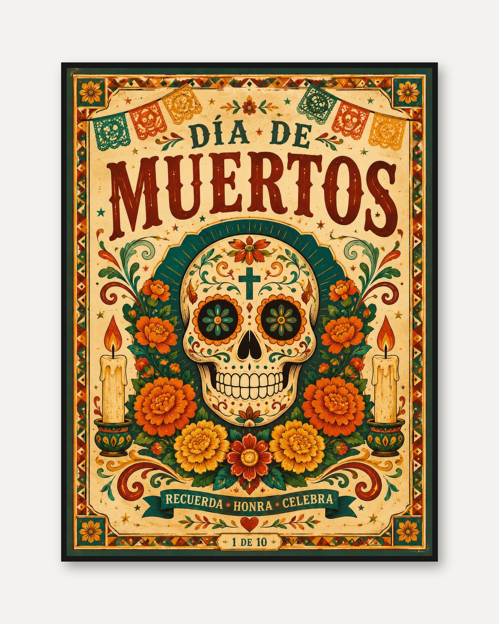 Día de Muertos Art Print: Sugar Skull with Marigolds - framed