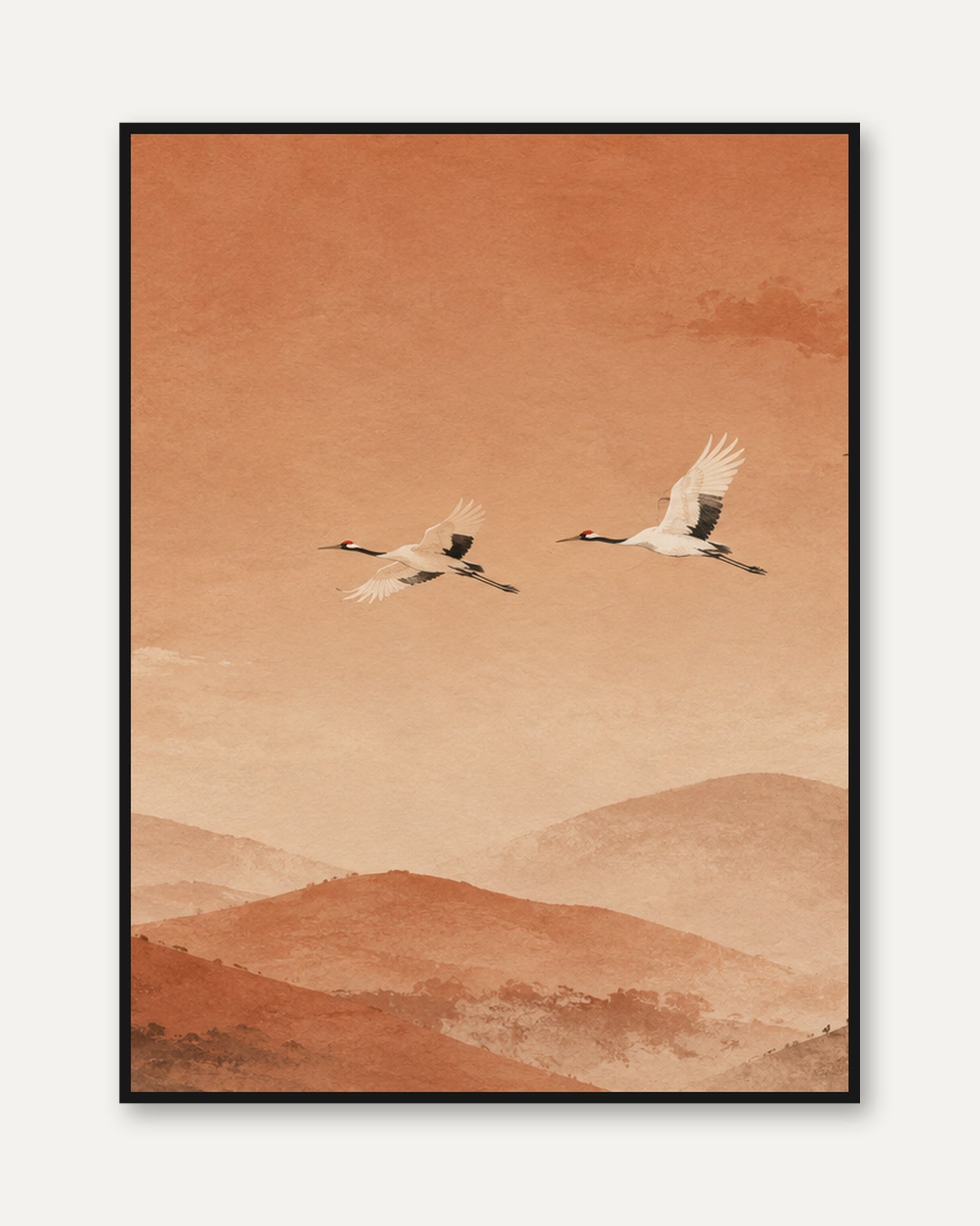 Flying Cranes Art Print: Minimalist Terracotta Landscape Design - framed