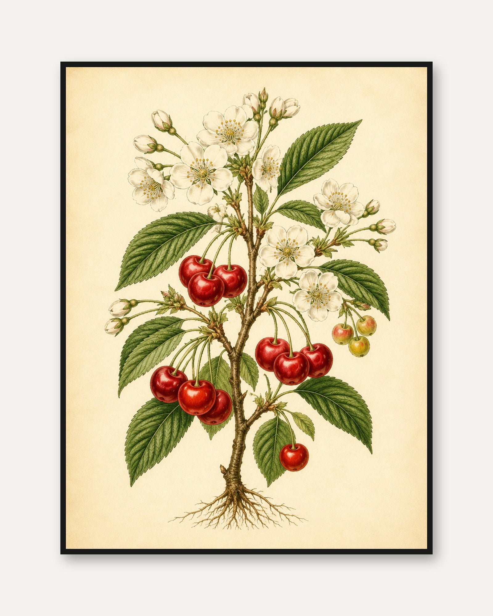 Vintage Cherry Botanical Print — Antique Style Fruit Illustration - framed