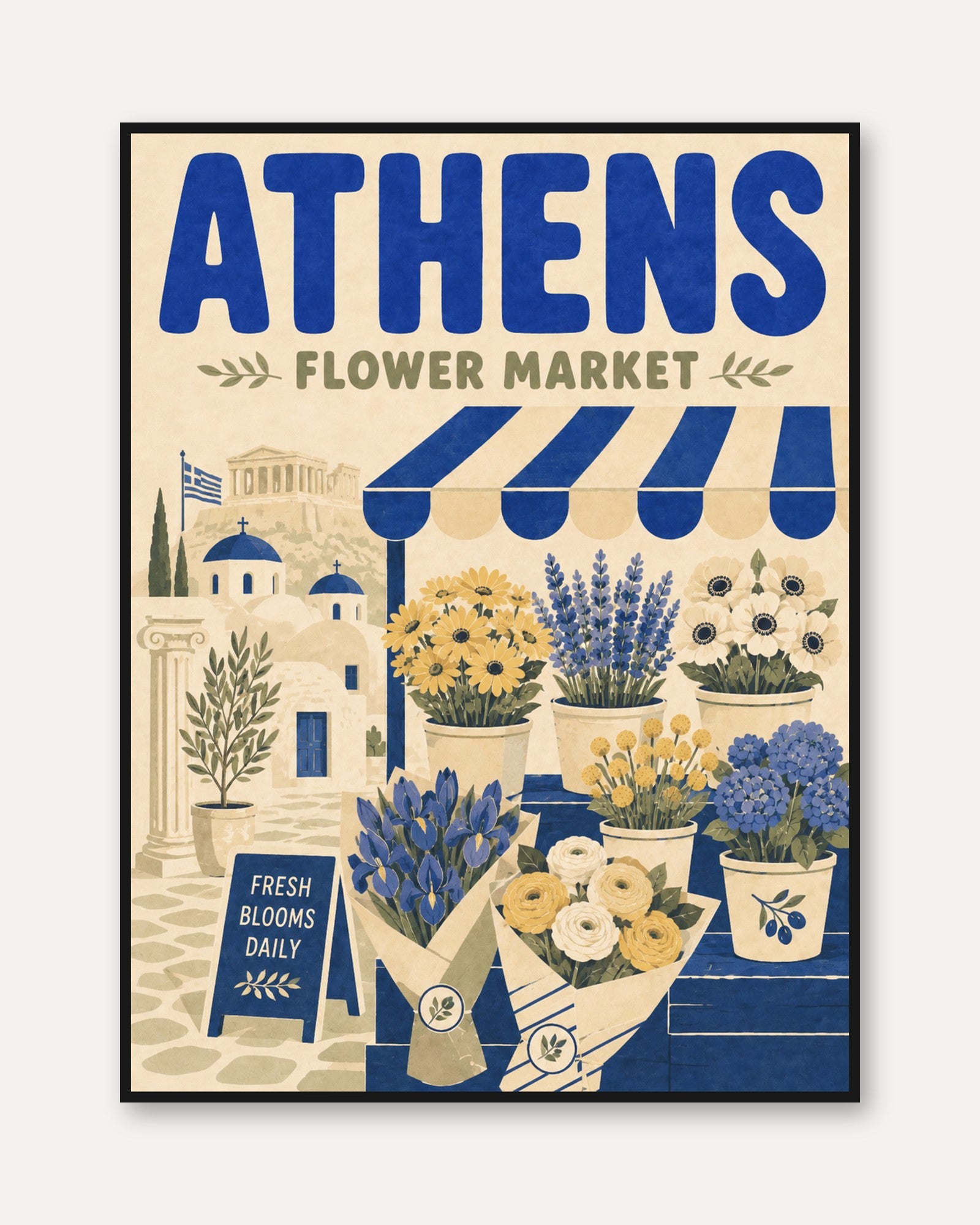 Athens Travel Poster: Floral Market Scene - framed