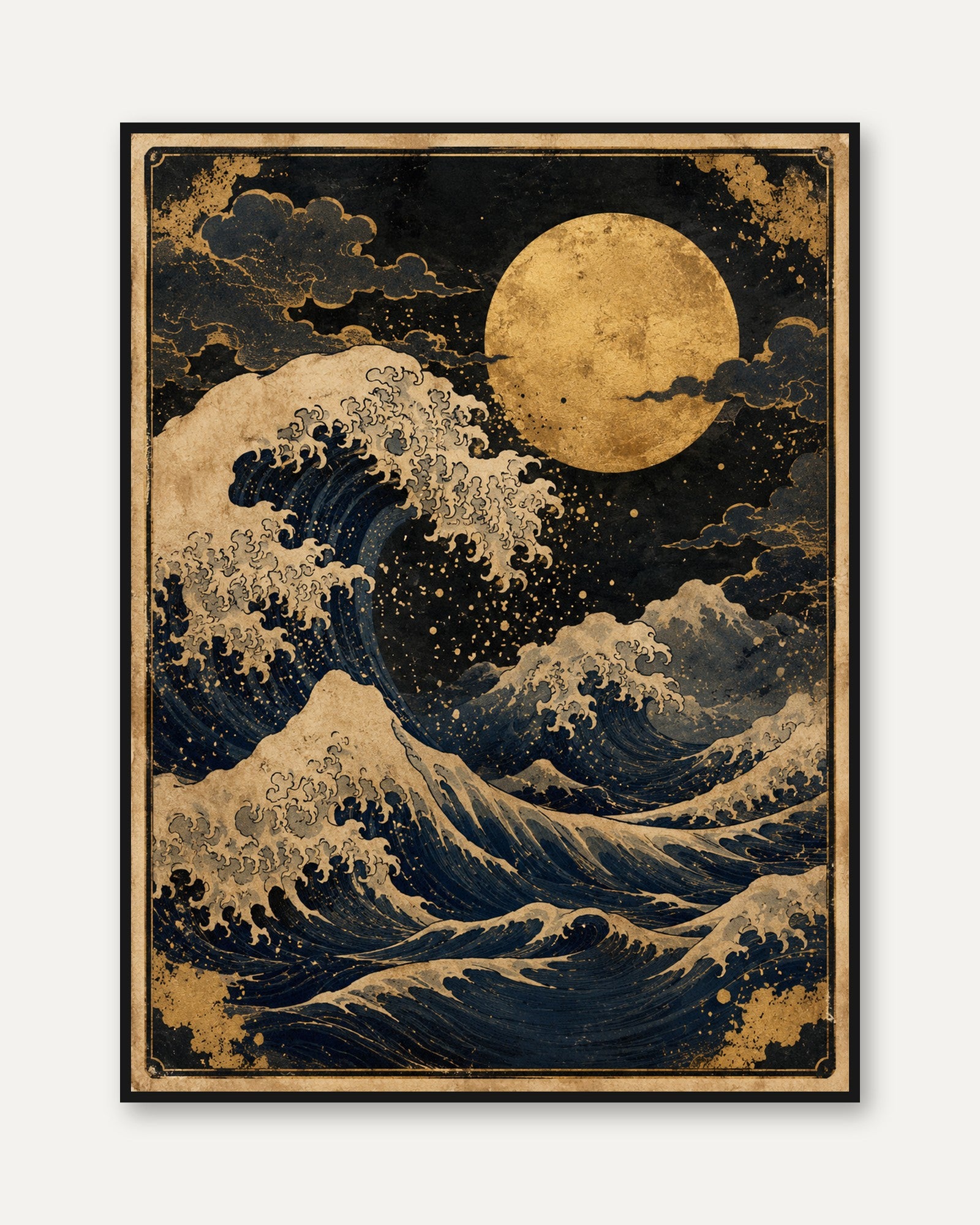 Japanese Wave Art Print: Gold & Navy Ocean Under Full Moon - framed