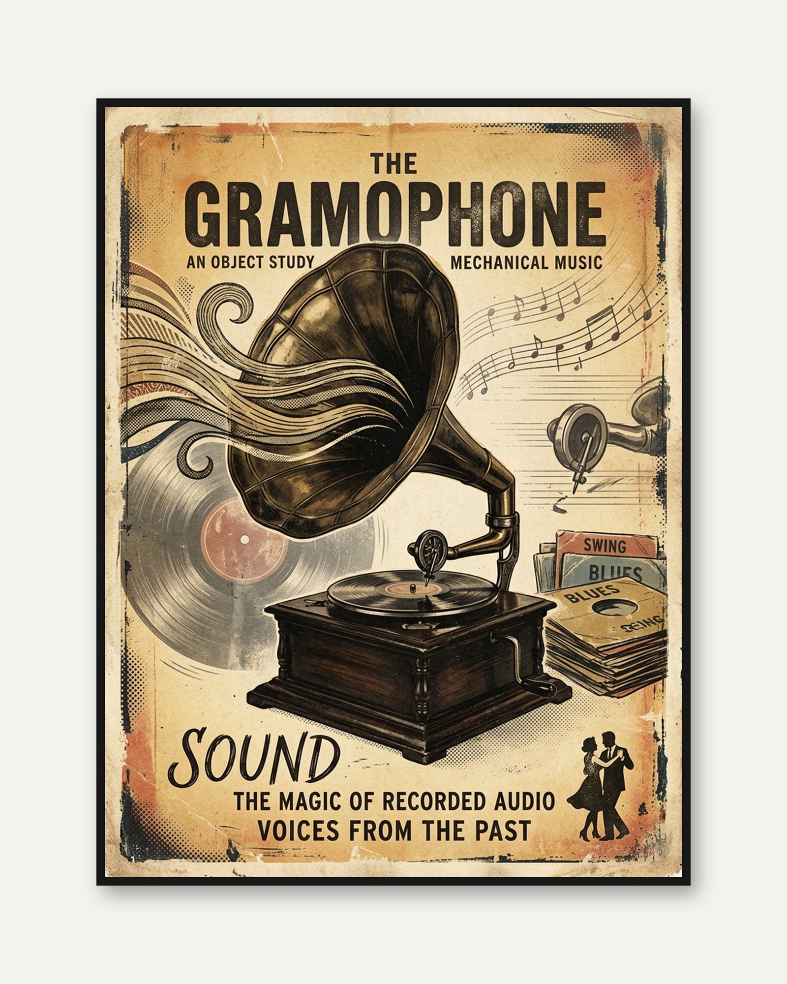 Vintage Gramophone Poster: Retro Music Mechanical Art Print - framed