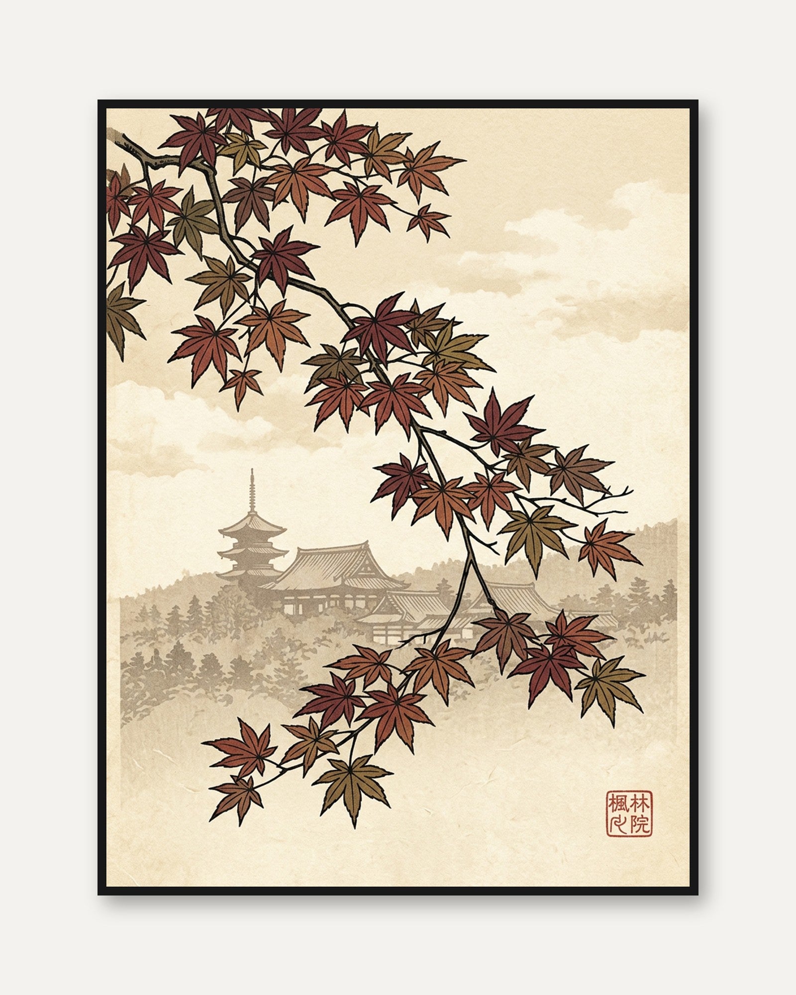 Japanese Maple Temple Art Print: Autumn Landscape with Pagoda - framed