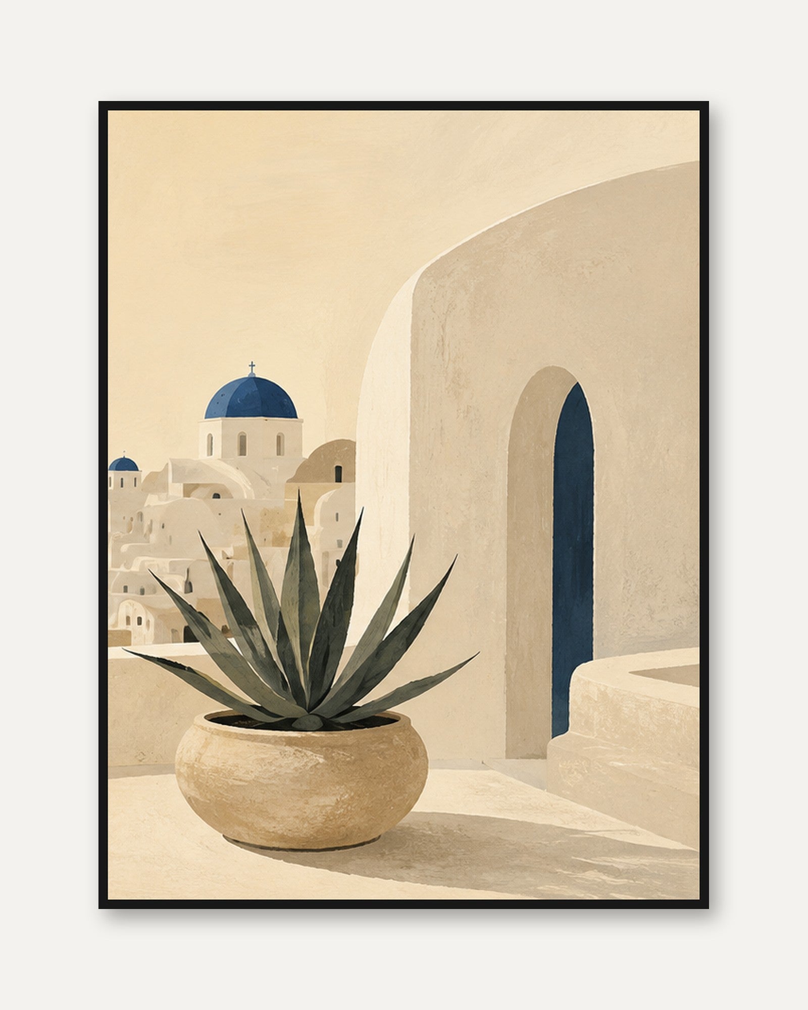 Greek Santorini Architecture Print: Minimalist Mediterranean Landscape - framed