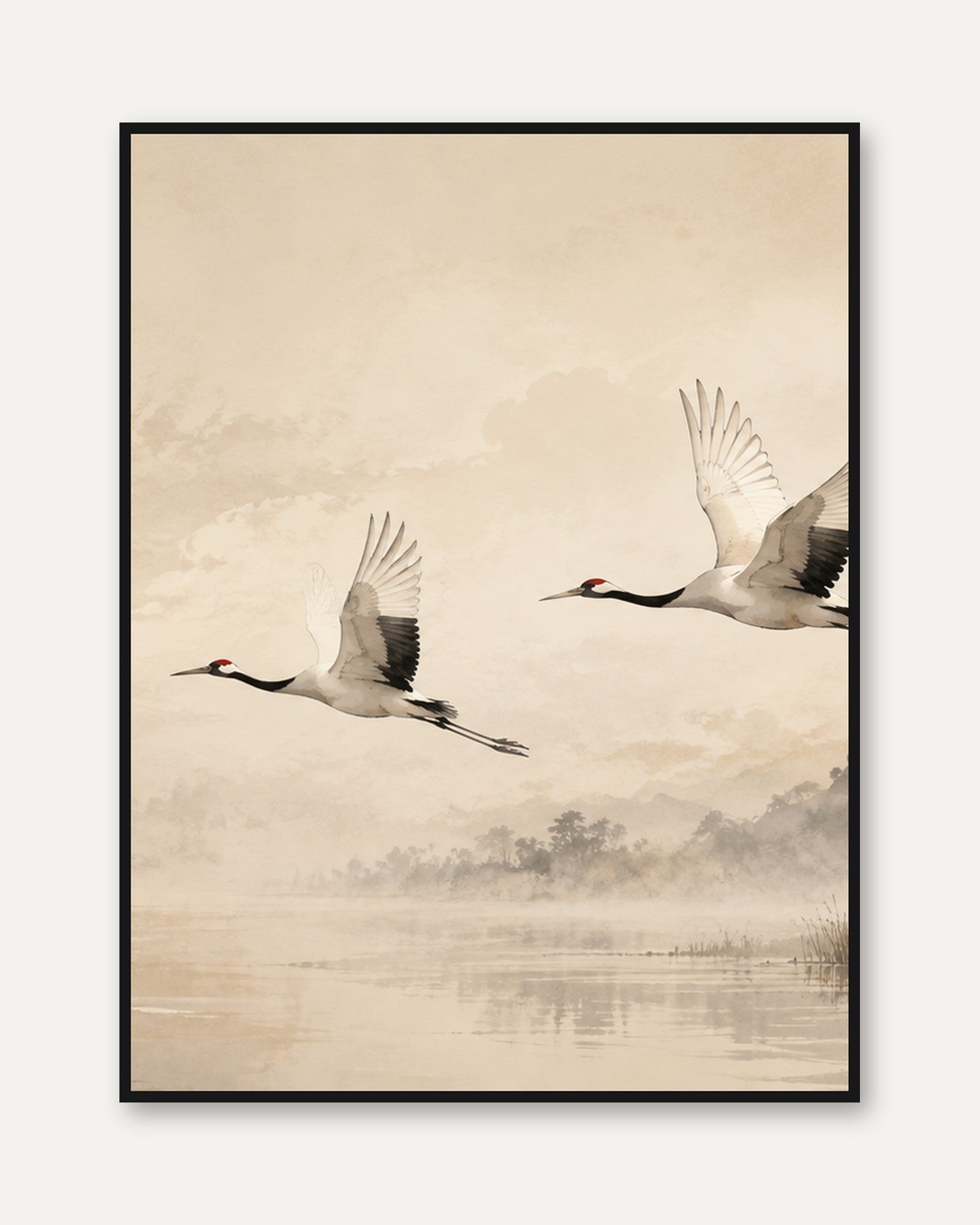 Flying Cranes Art Print: Japanese Watercolor Landscape in Sepia - framed