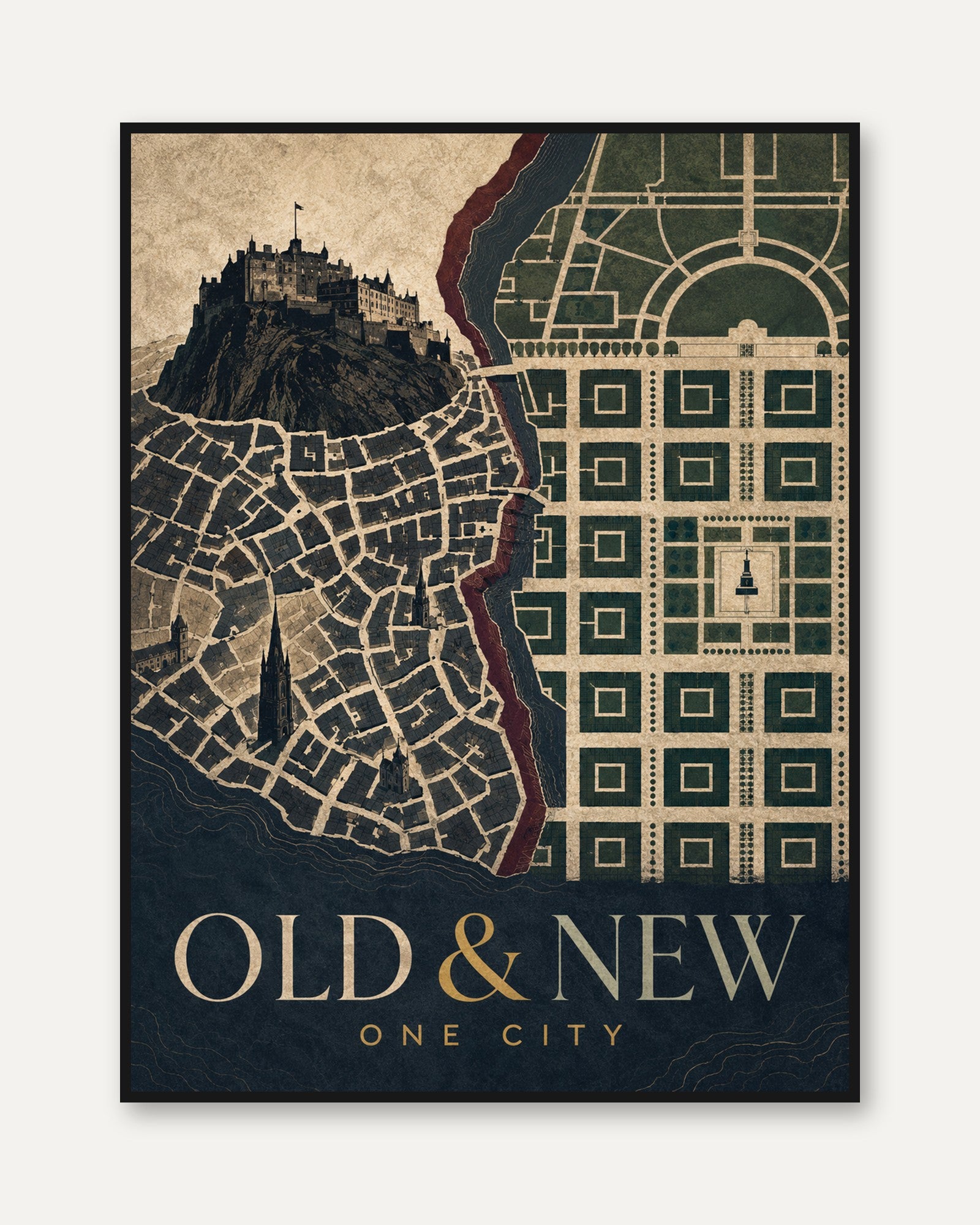 Vintage Map Wall Art – Old and New City Print - framed