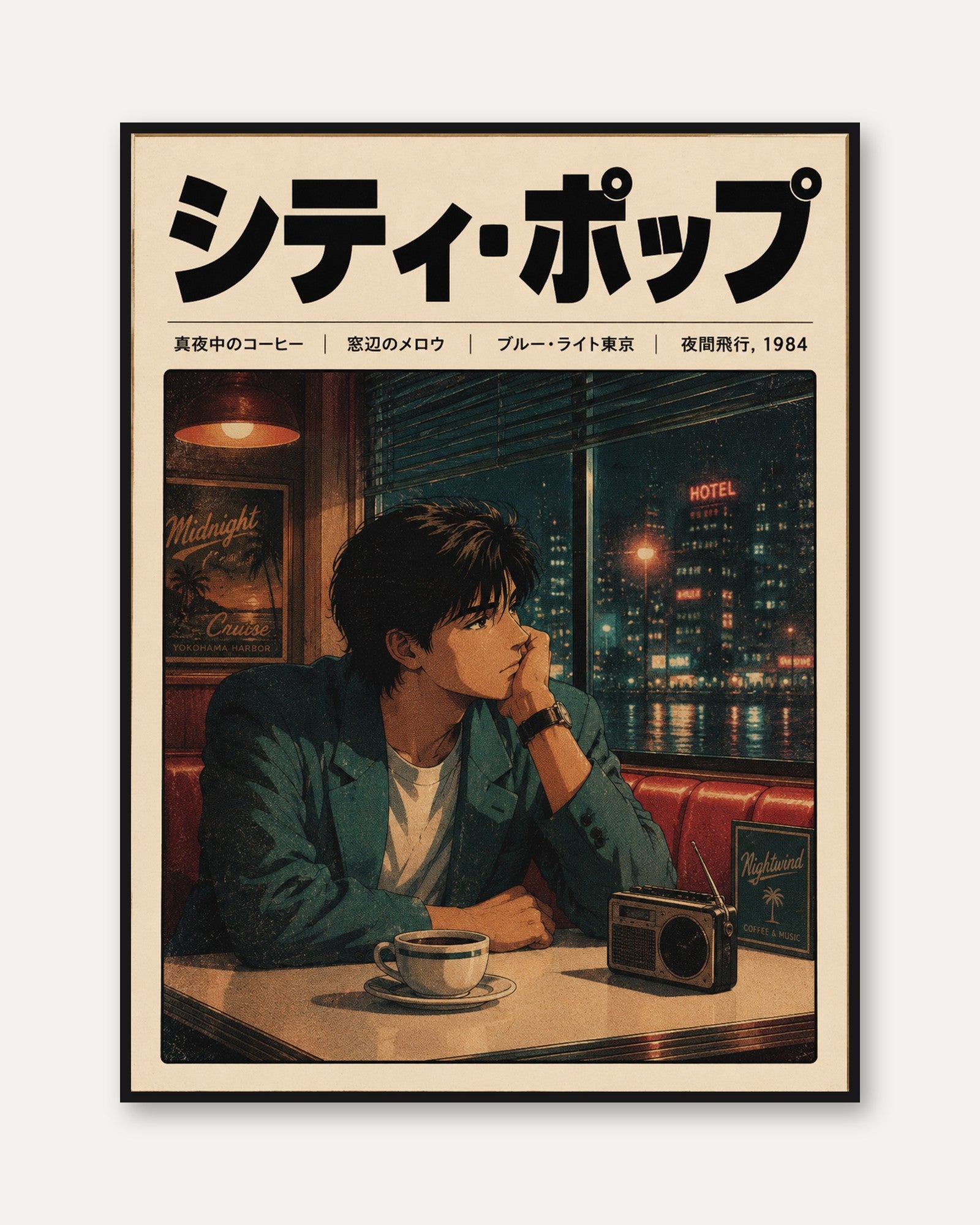 City Pop Cafe Scene: Retro 1980s Tokyo Anime Art Print - framed