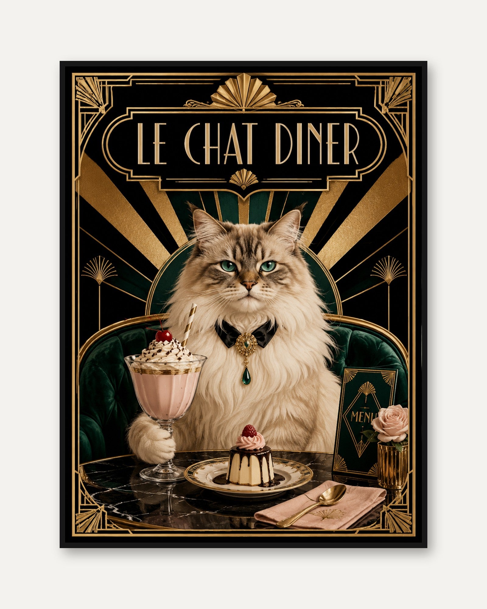 Le Chat Diner Art Deco Poster: Elegant Cat With Dessert Print - framed