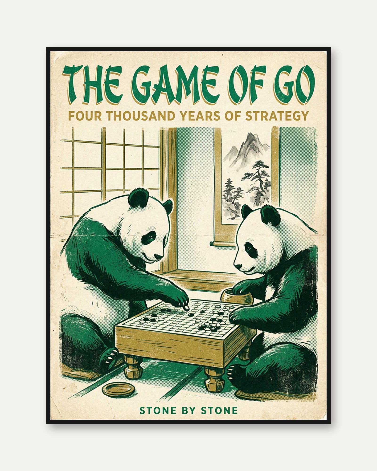 Pandas Playing Go Wall Art: Vintage Asian Game Poster - framed