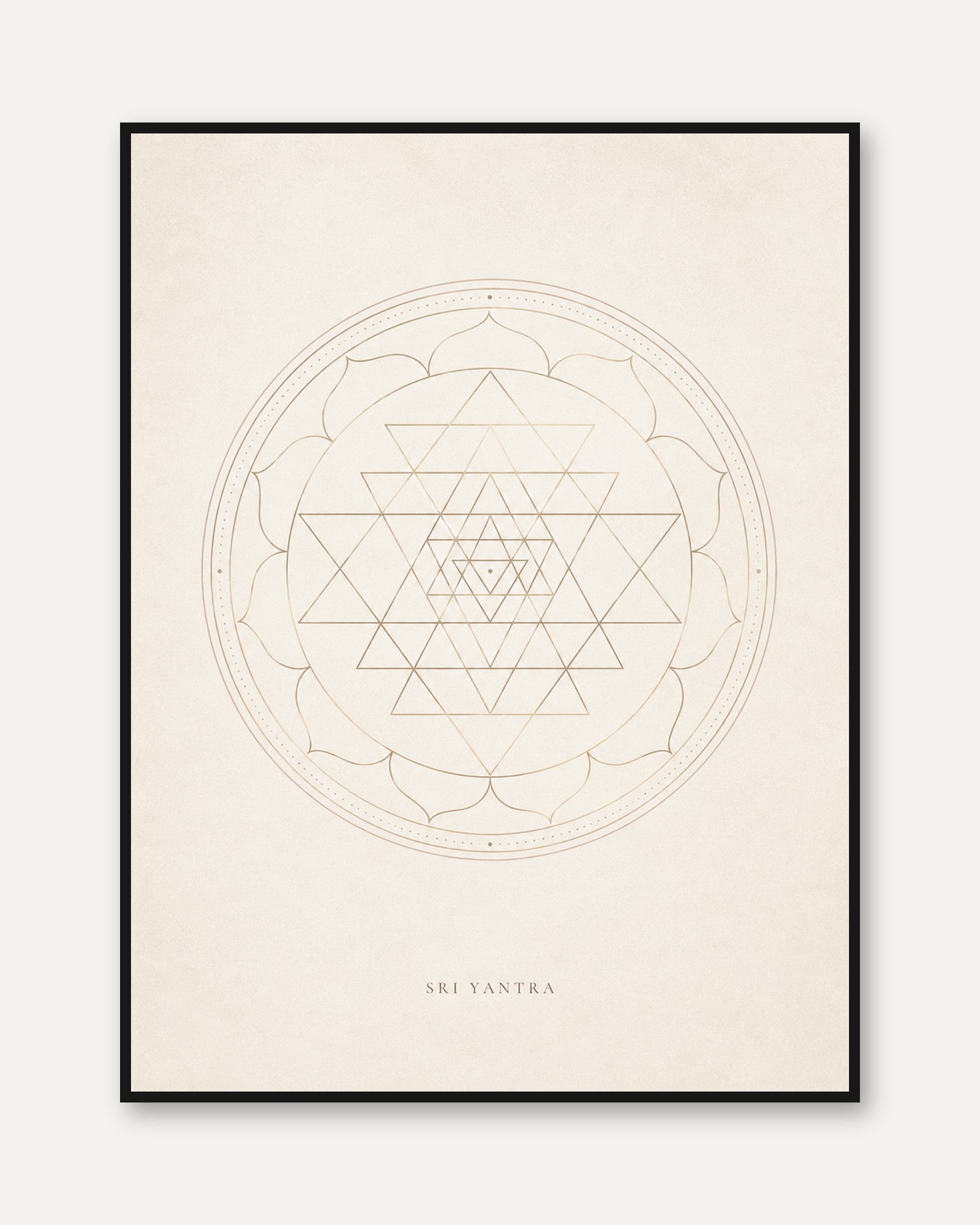 Sacred Geometry Art: Sri Yantra Mandala Print (Gold and Cream) - framed