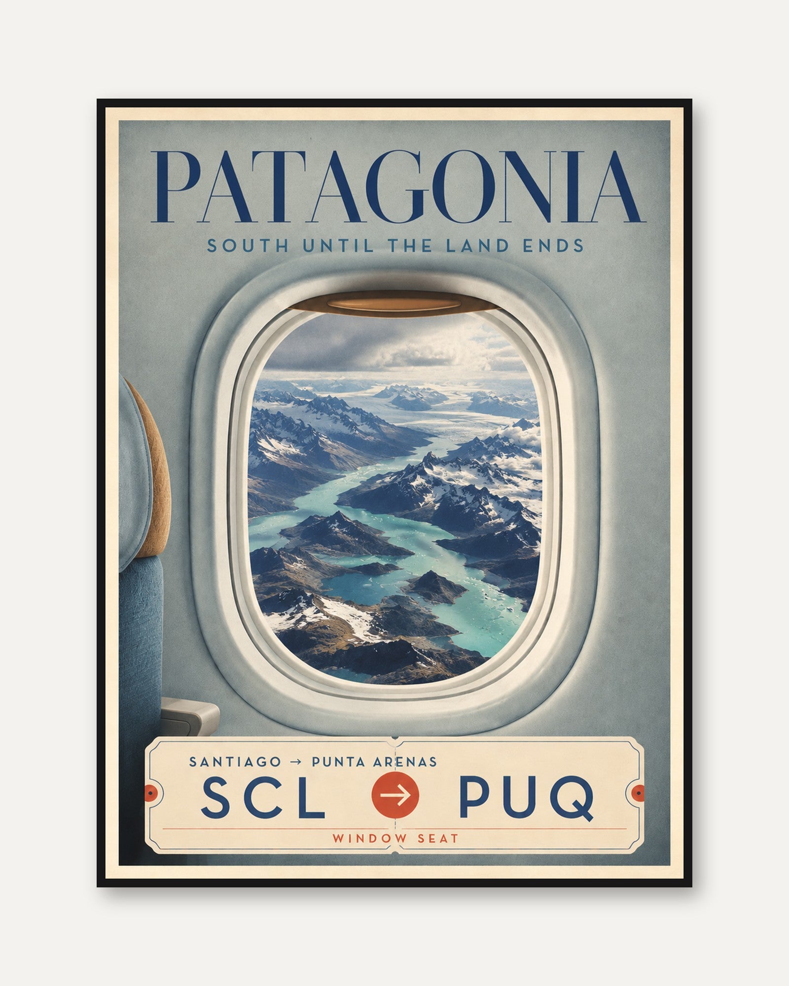Patagonia Travel Poster – Airplane Window Print - framed