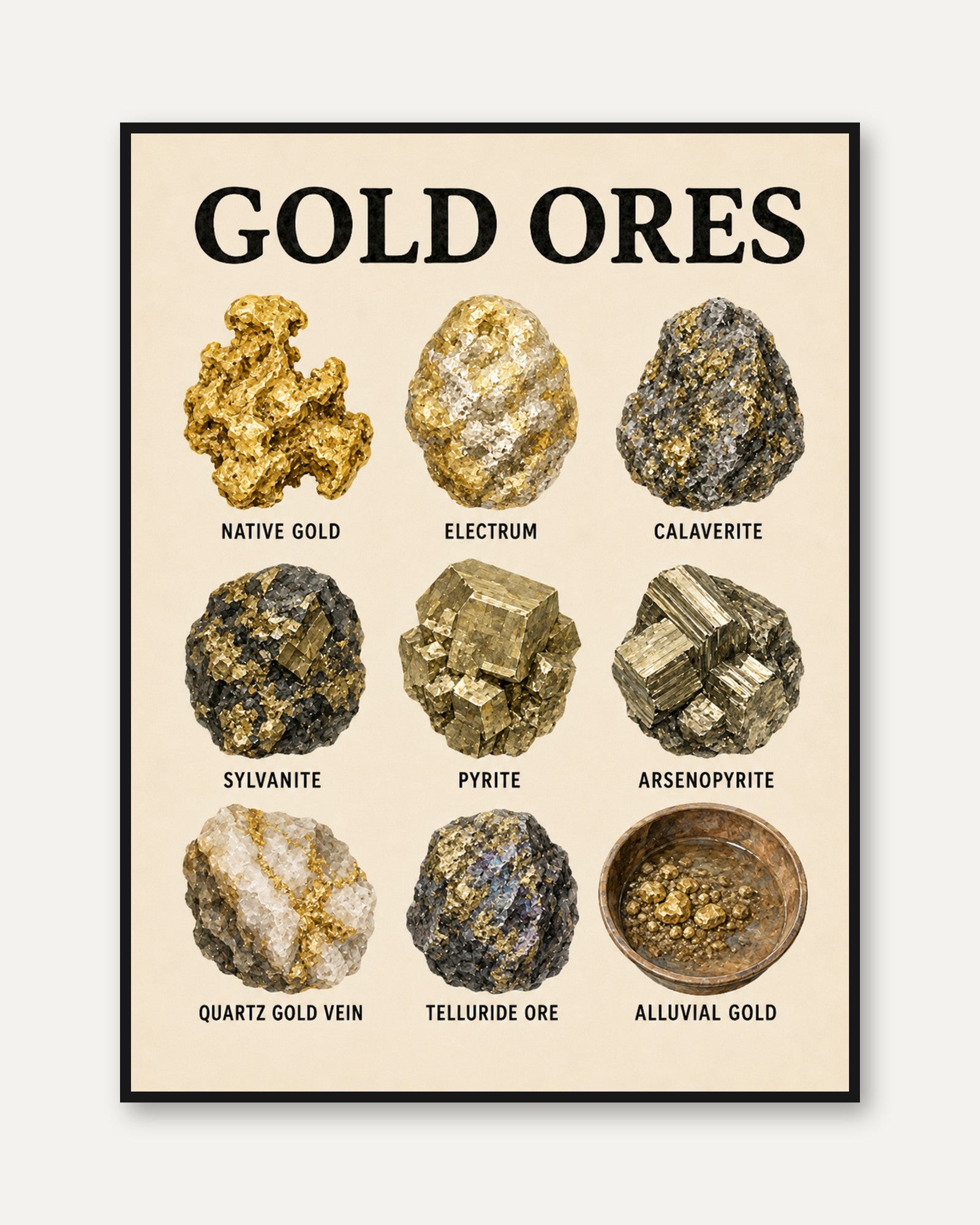 Gold Ores Educational Print — Vintage Geology Poster - framed