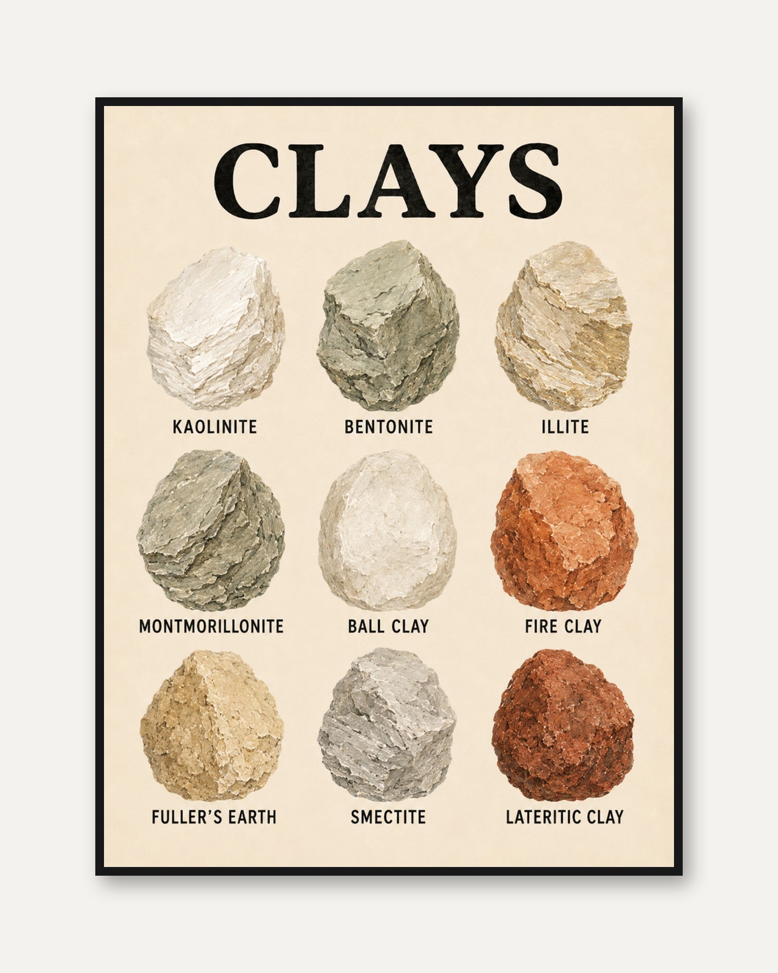 Clays Educational Poster: Vintage Geology Reference Art Print - framed
