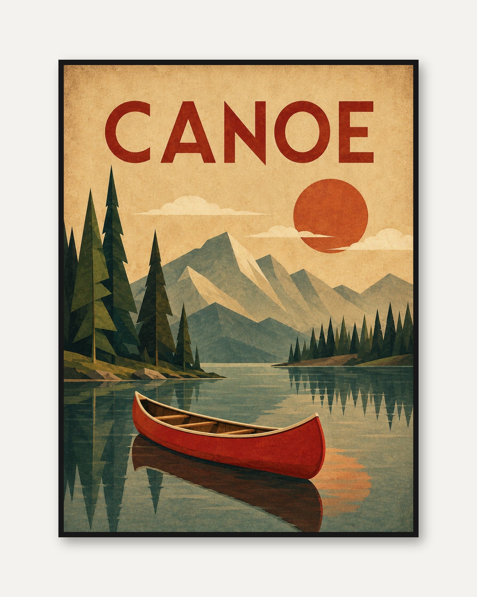 Vintage Canoe Poster – Retro Lake Wall Art - framed