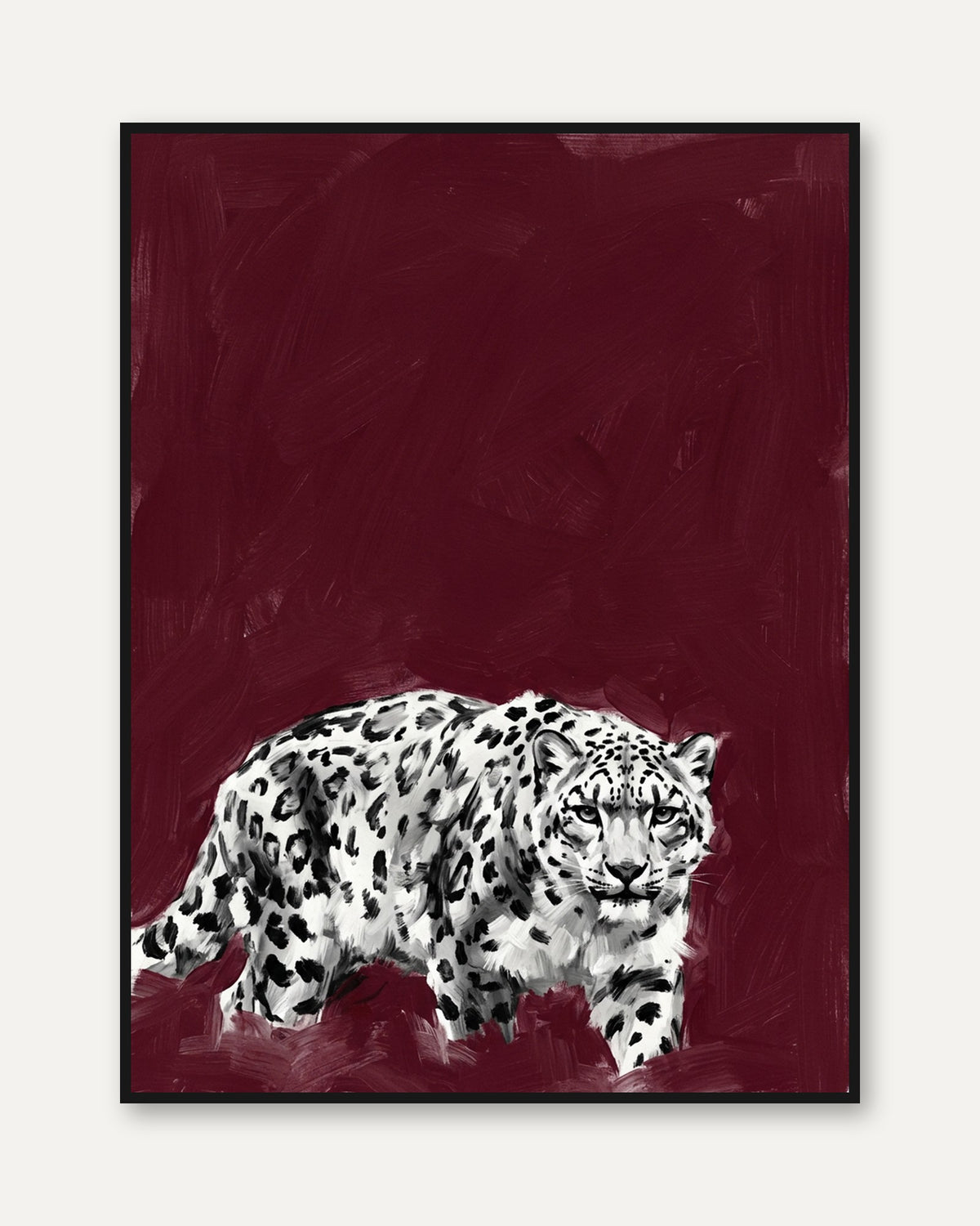 Snow Leopard Wall Art: Bold Burgundy Contemporary Wildlife Print - framed