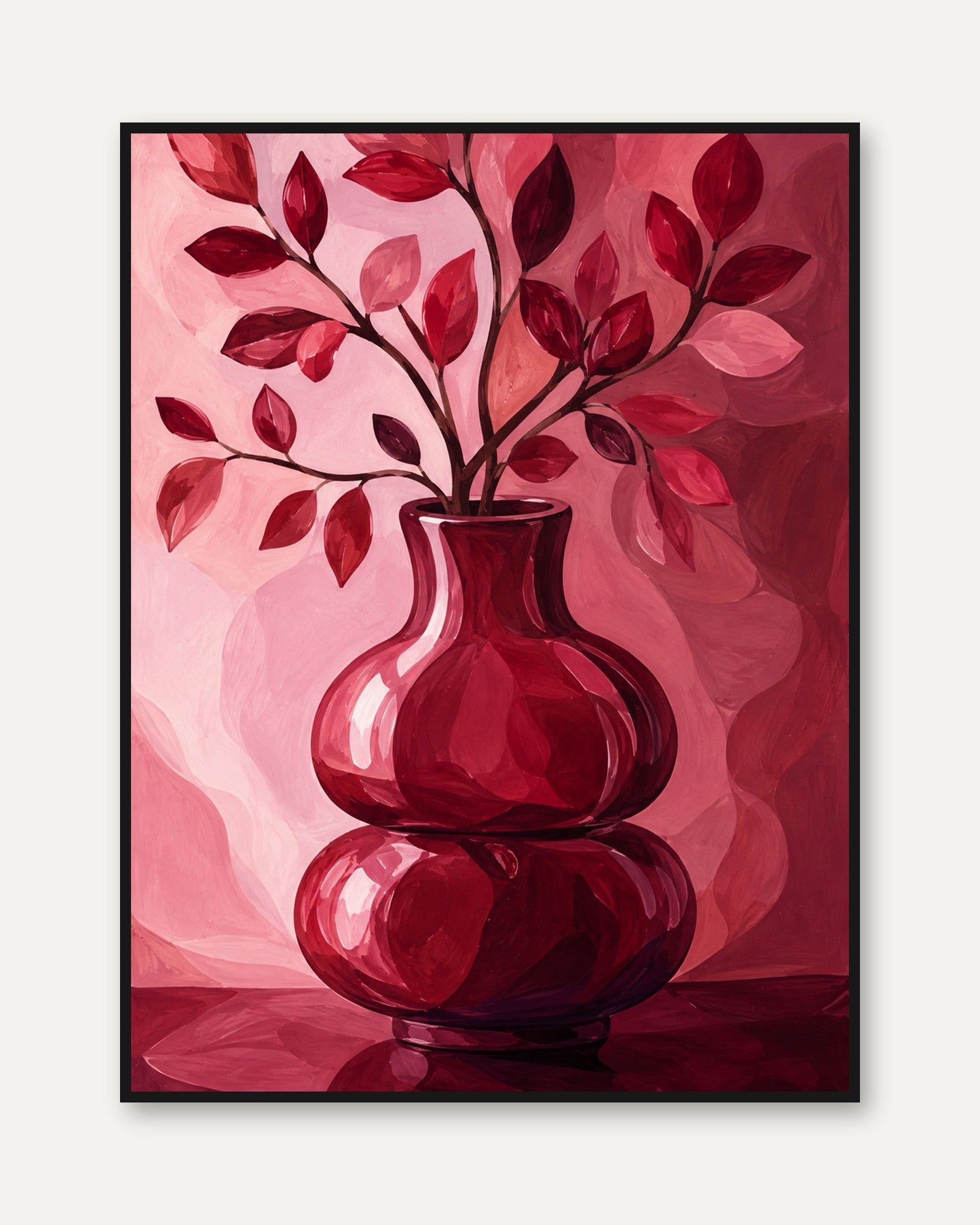 Red Botanical Vase Wall Art: Monochromatic Pink Still Life - framed
