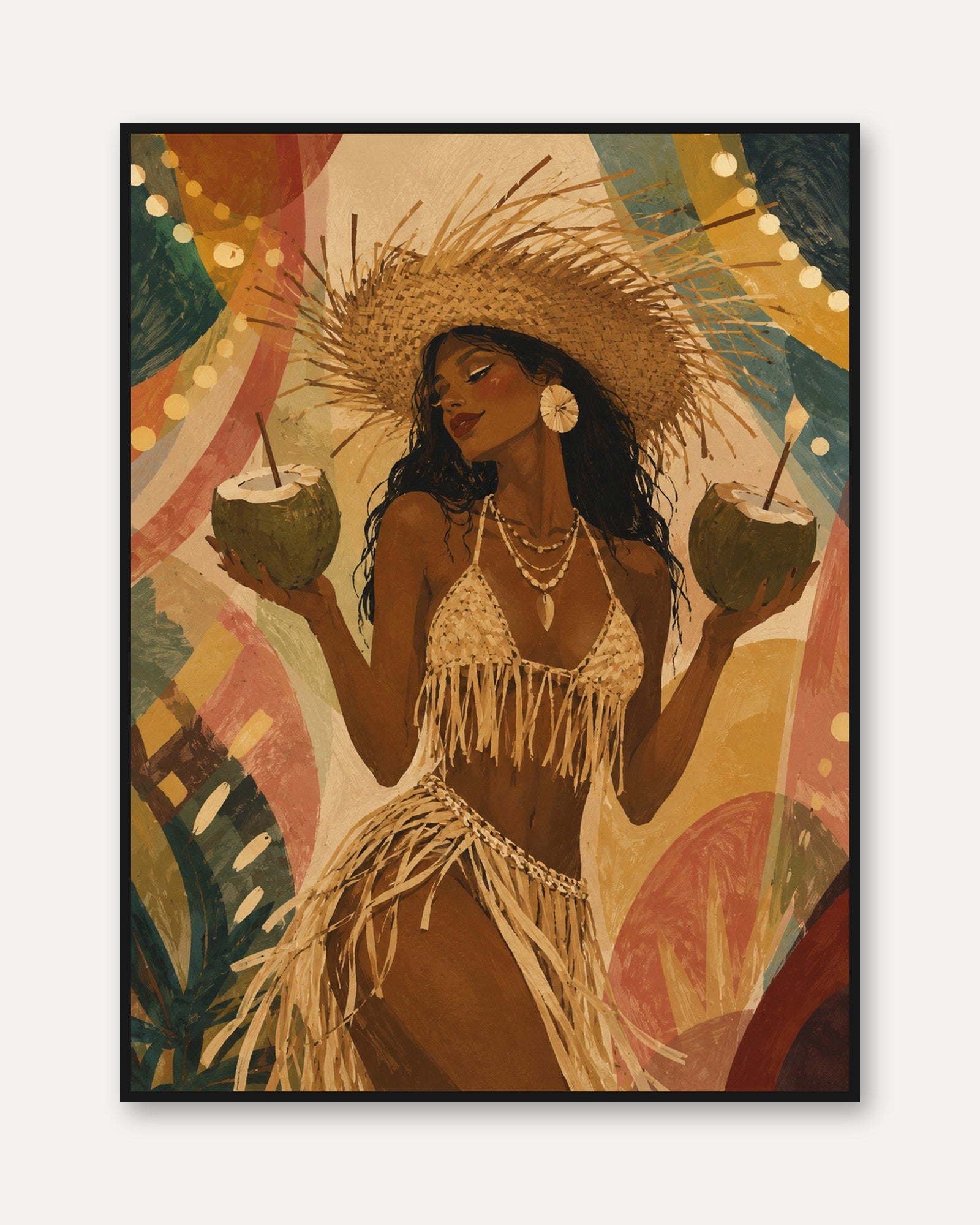 Tropical Beach Woman with Coconuts Art Print: Warm Bohemian Style - framed
