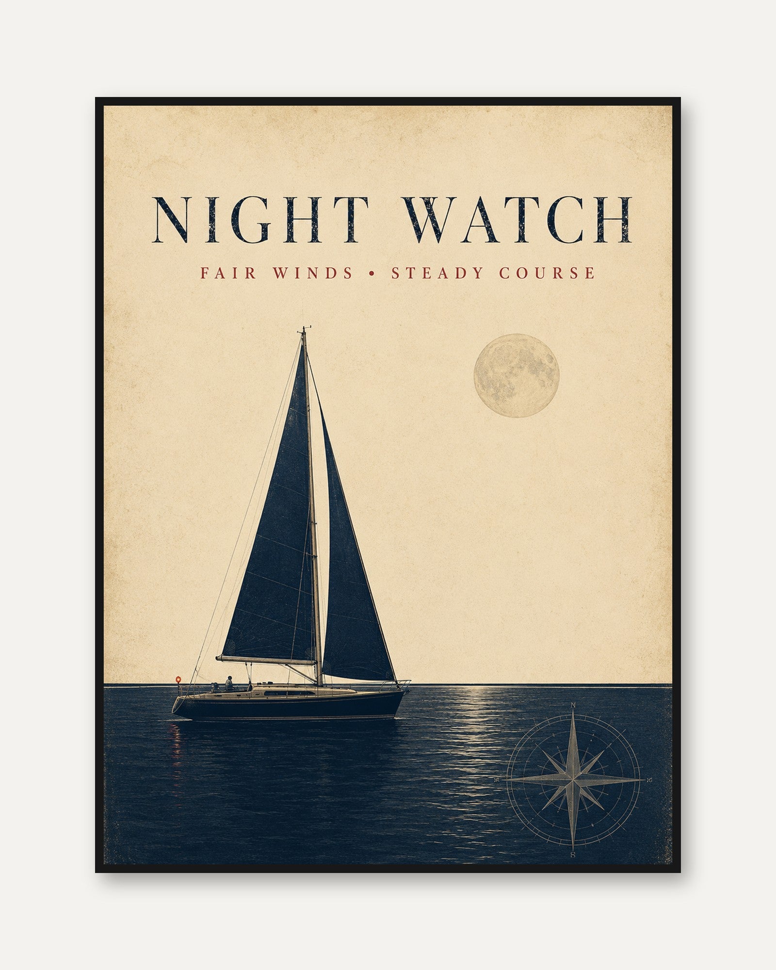 Night Watch Sailboat Art Print: Vintage Nautical Moon Poster - framed