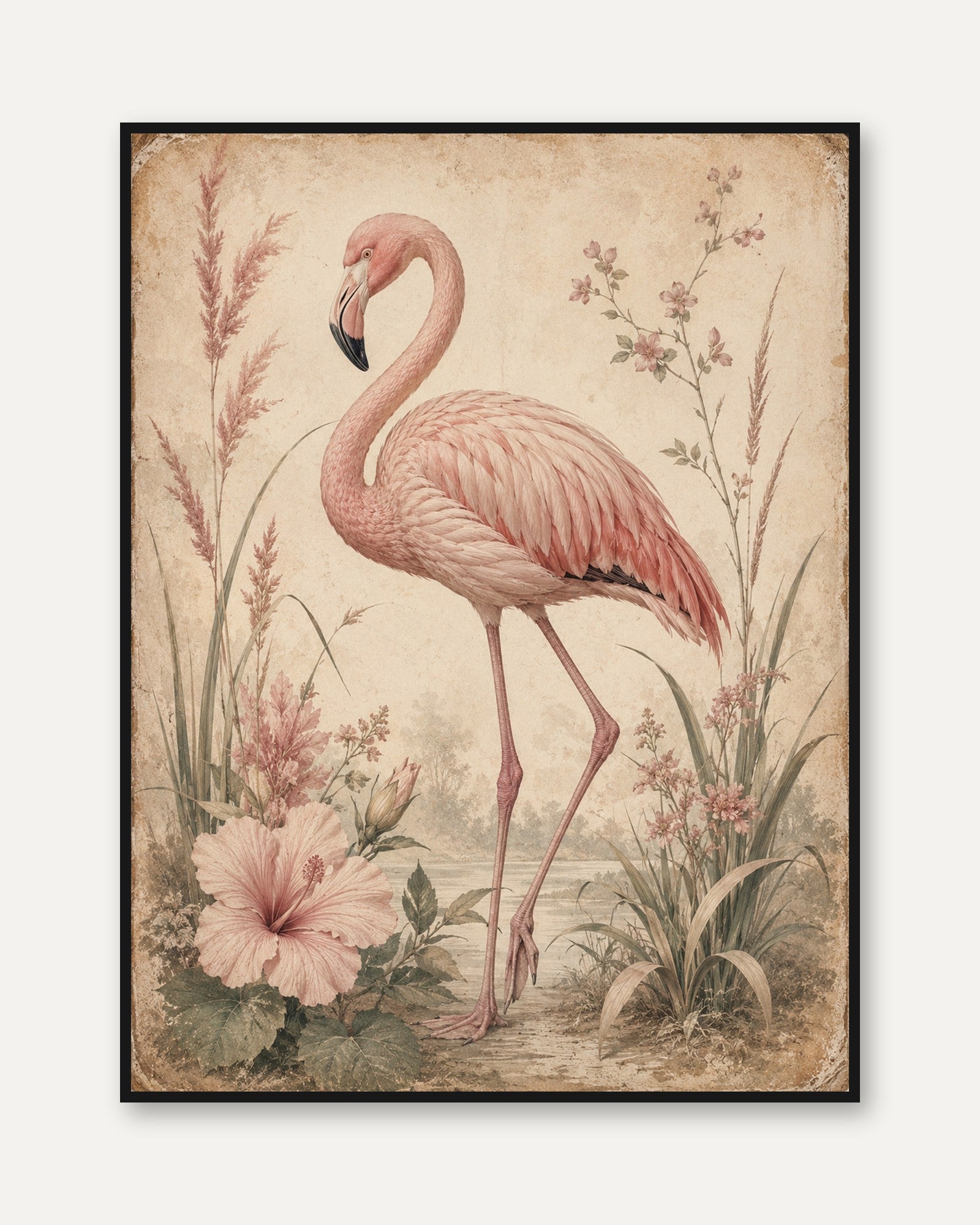 Flamingo Botanical Print – Vintage Bird Wall Art - framed