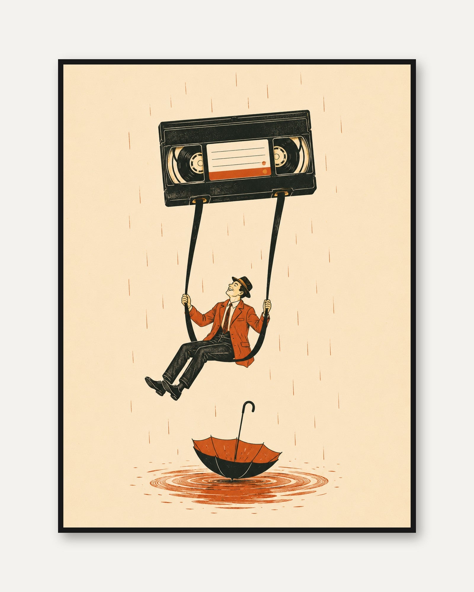 Nostalgic VHS Tape Print: Retro Swing Illustration in Warm Tones - framed