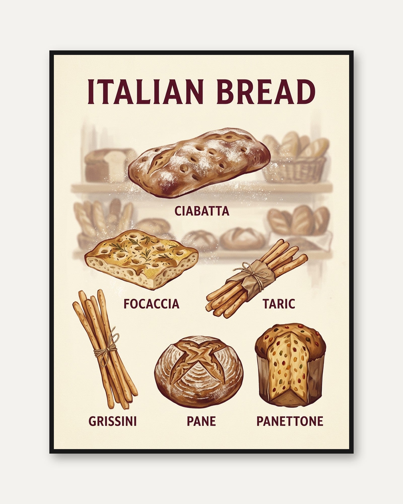 Italian Bread Poster: Vintage Culinary Illustration Art - framed