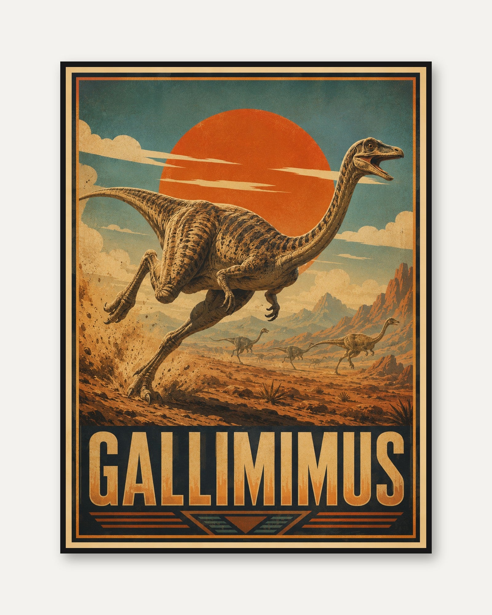 Gallimimus Dinosaur Poster: Vintage Retro Travel Art Print - framed
