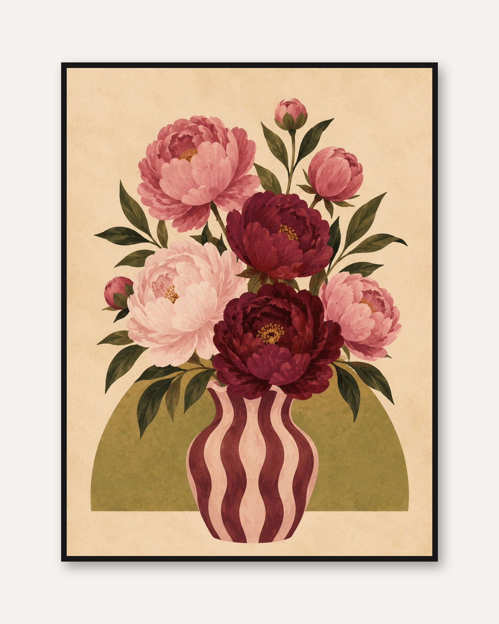 Peony Vase Wall Art – Vintage Floral Print - framed