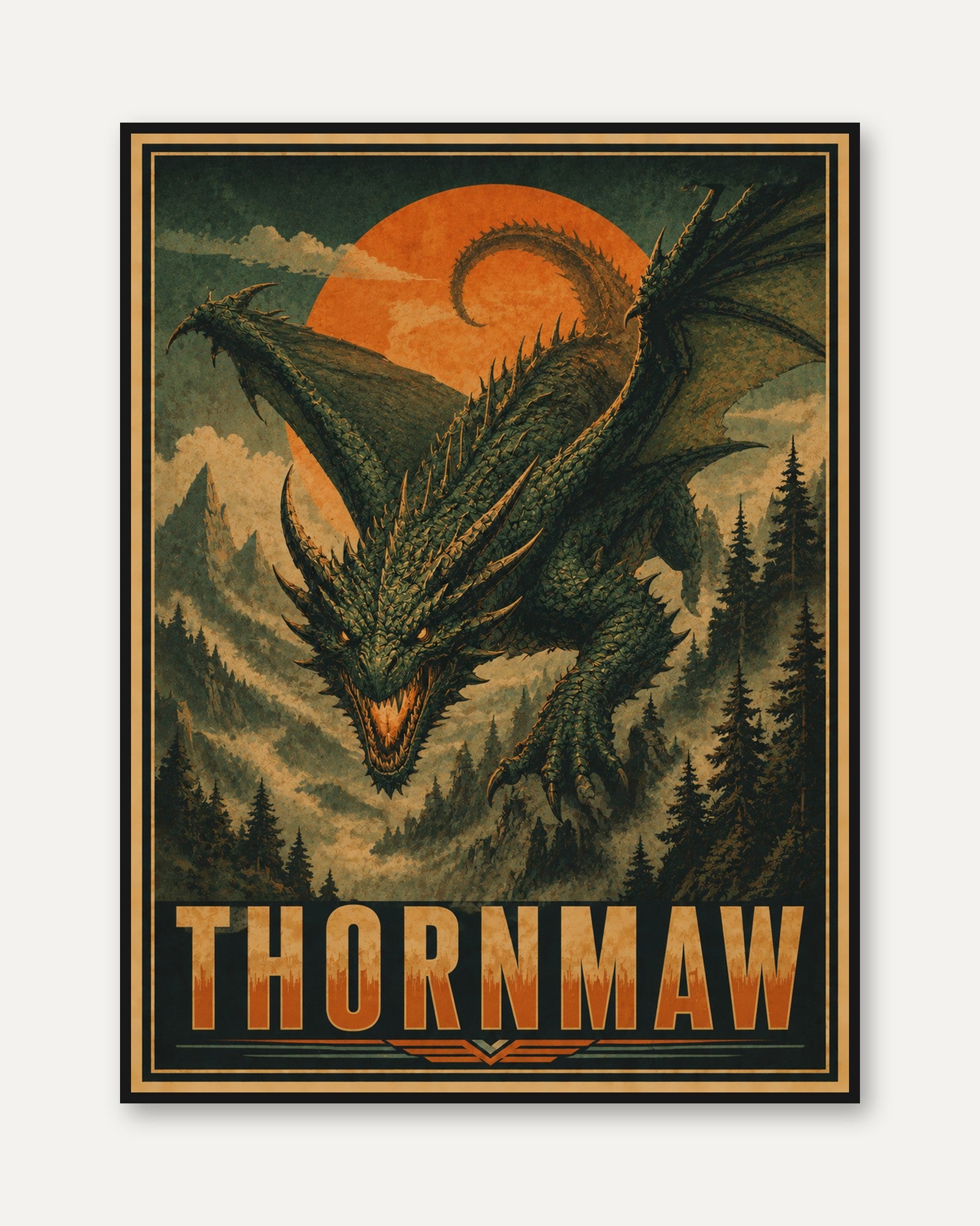 Thornmaw Dragon Poster: Vintage Fantasy Art with Orange Sun - framed