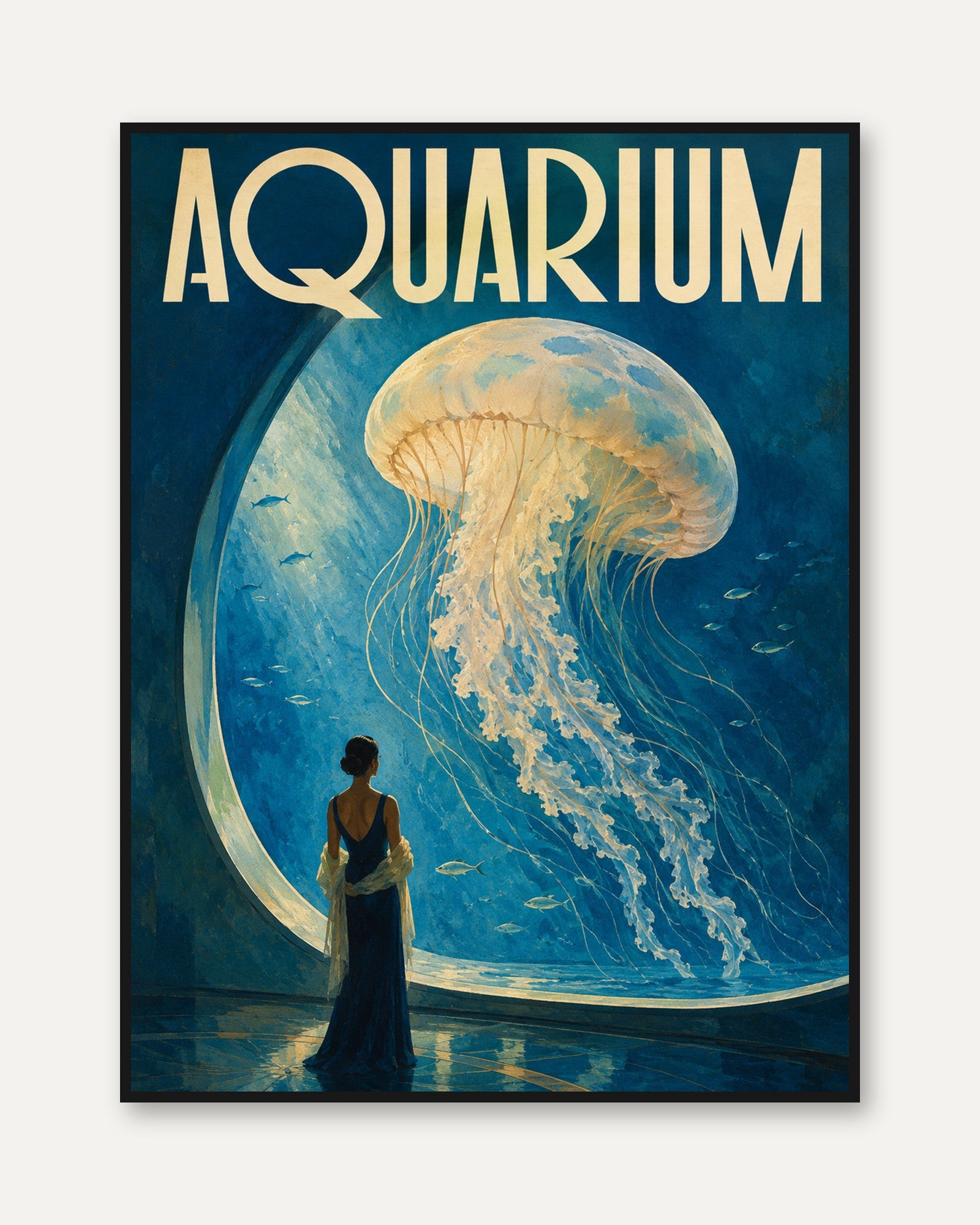 Vintage Aquarium Poster – Jellyfish Print - framed
