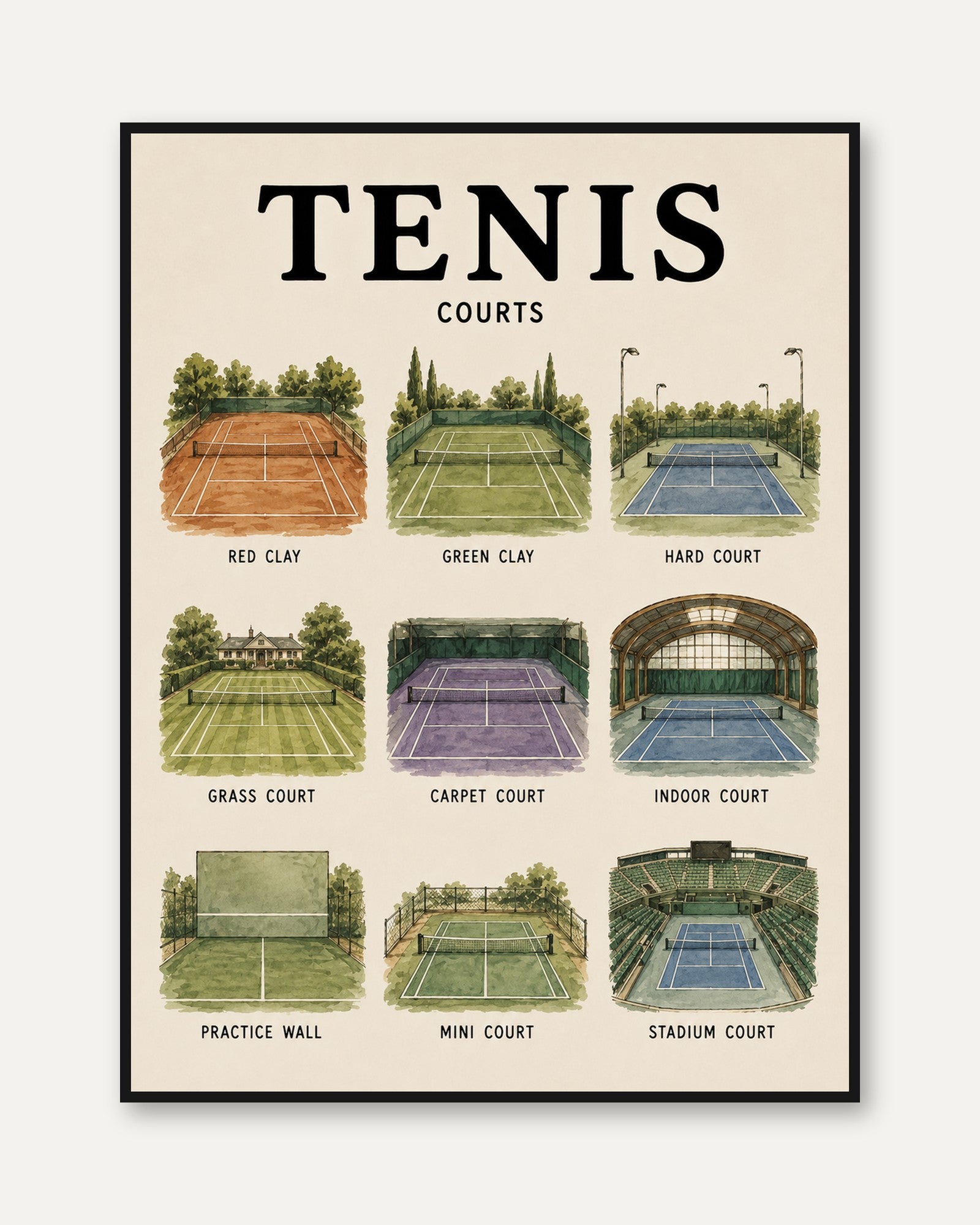 Tennis Courts Educational Print — Illustrated Types of Courts - framed