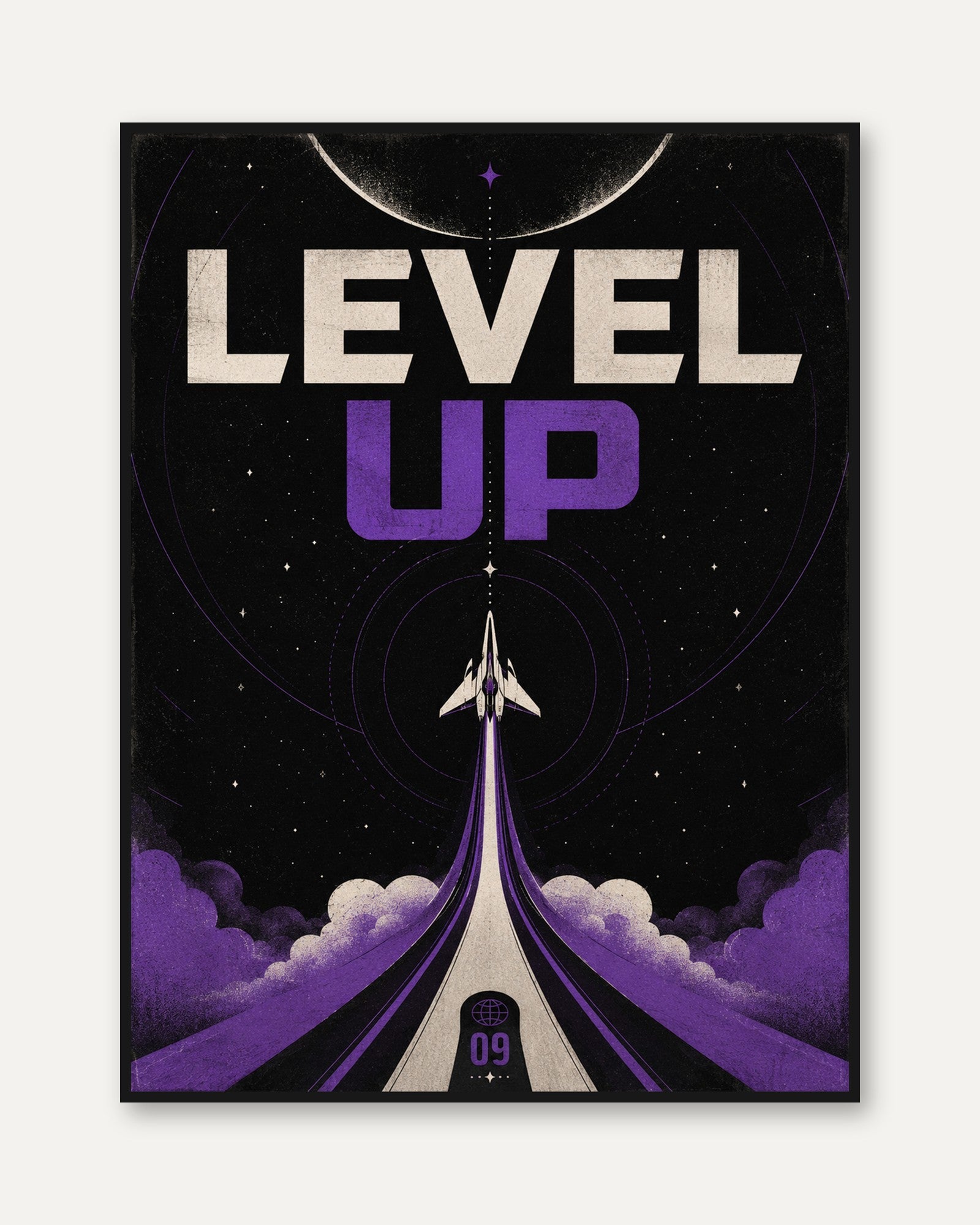 Level Up Retro Game Poster: Space Arcade Art in Purple & Black - framed