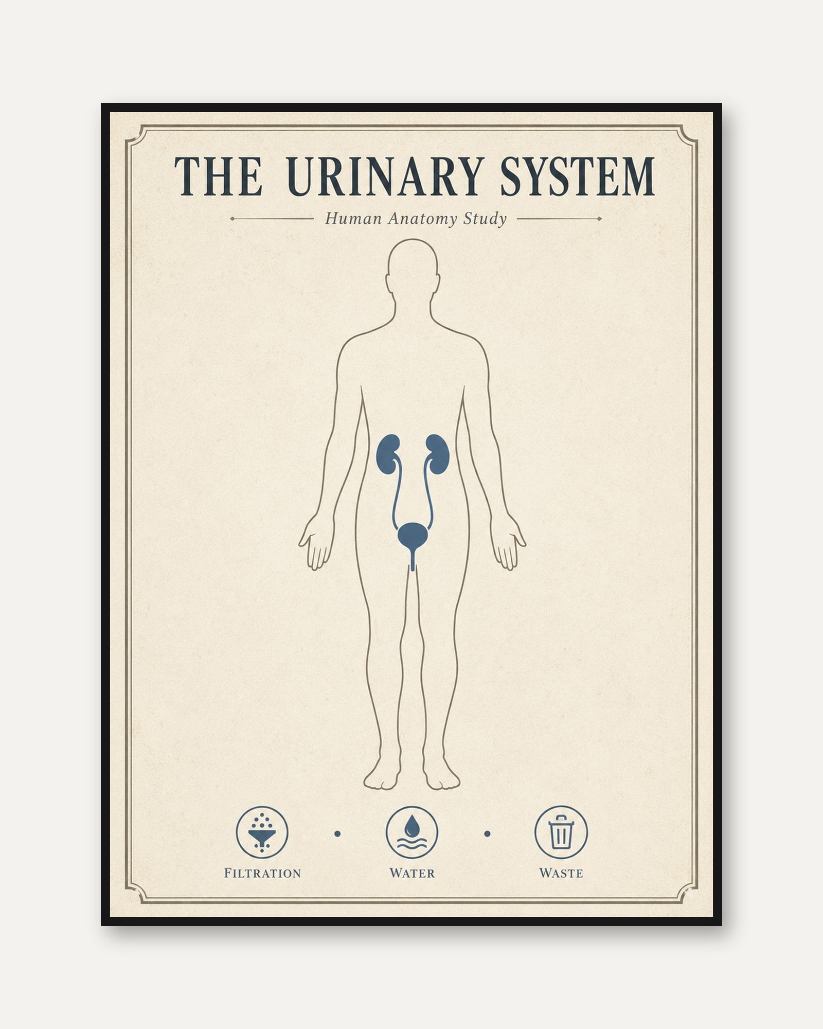 Urinary System Anatomy Print — Vintage Educational Chart - framed