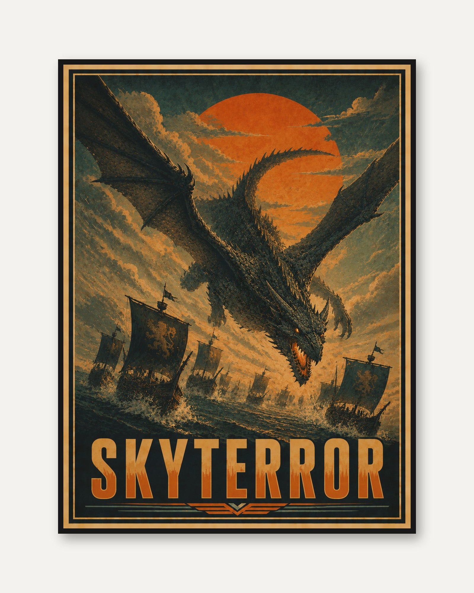 Dragon Attack Viking Ships Poster: Vintage Fantasy Wall Art - framed
