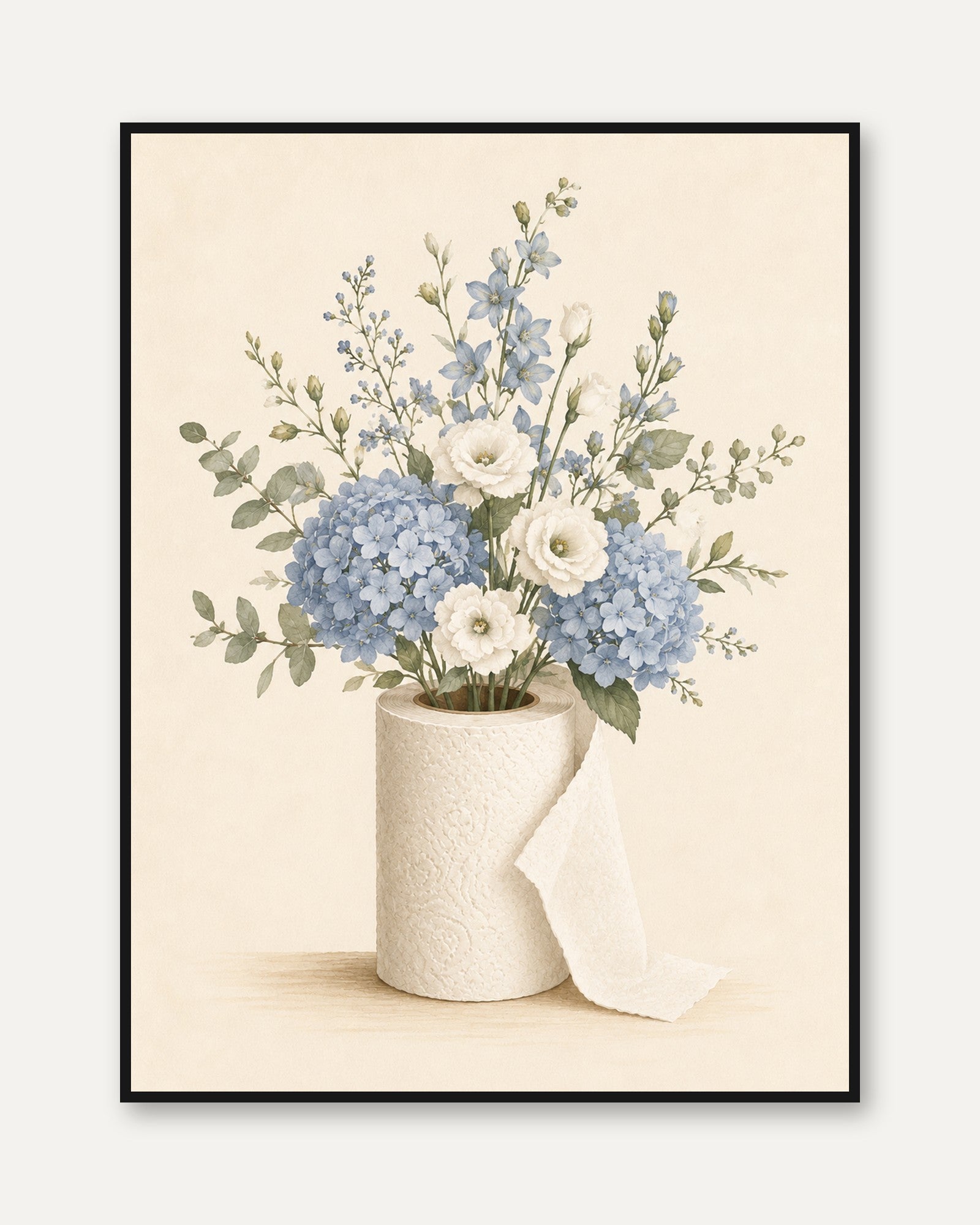 Blue Hydrangea Floral Arrangement: Soft Watercolor Art Print - framed
