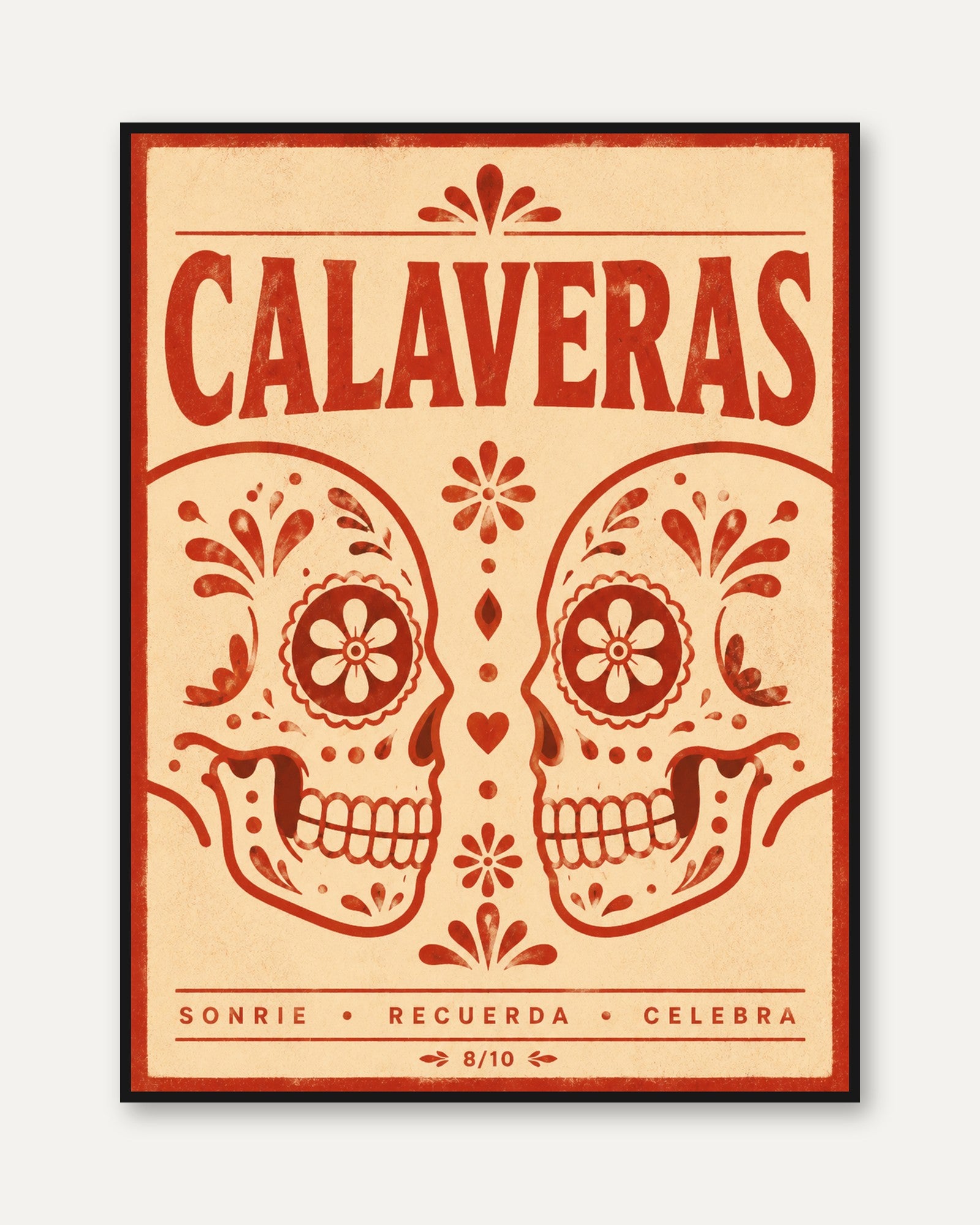 Sugar Skull Wall Art: Día de los Muertos Print (Red & Cream) - framed