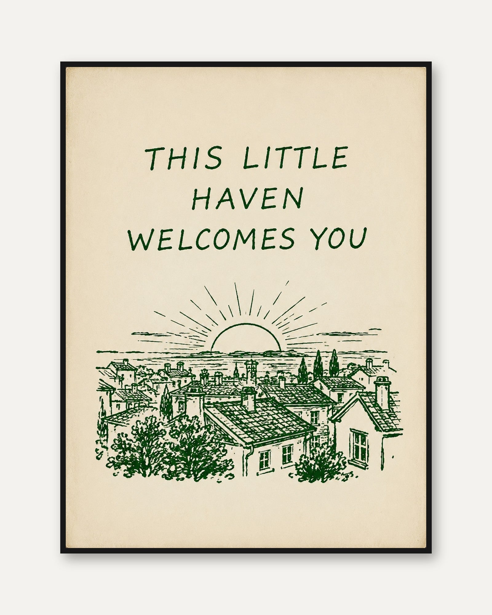 This Little Haven Welcomes You: Vintage Village Sunset Print - framed
