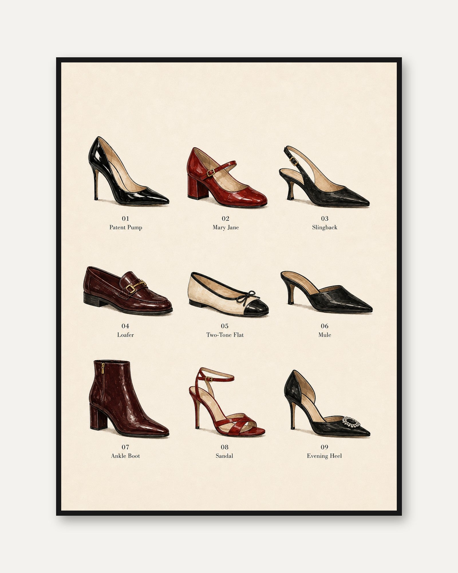 Vintage Shoe Collection Poster: Classic Fashion Illustration - framed