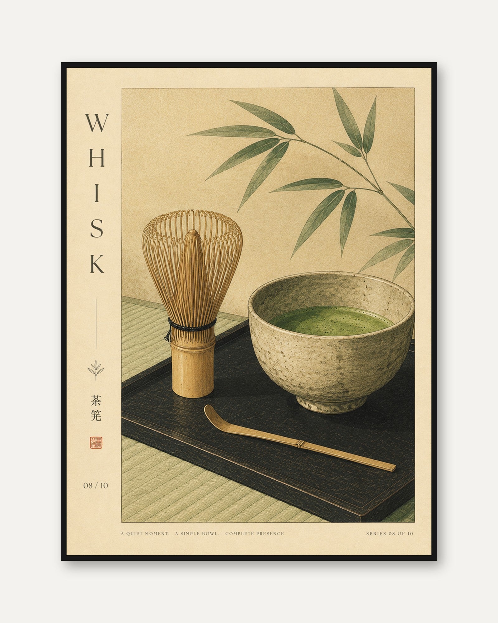 Japanese Matcha Tea Ceremony Art Print: Zen Botanical Design - framed