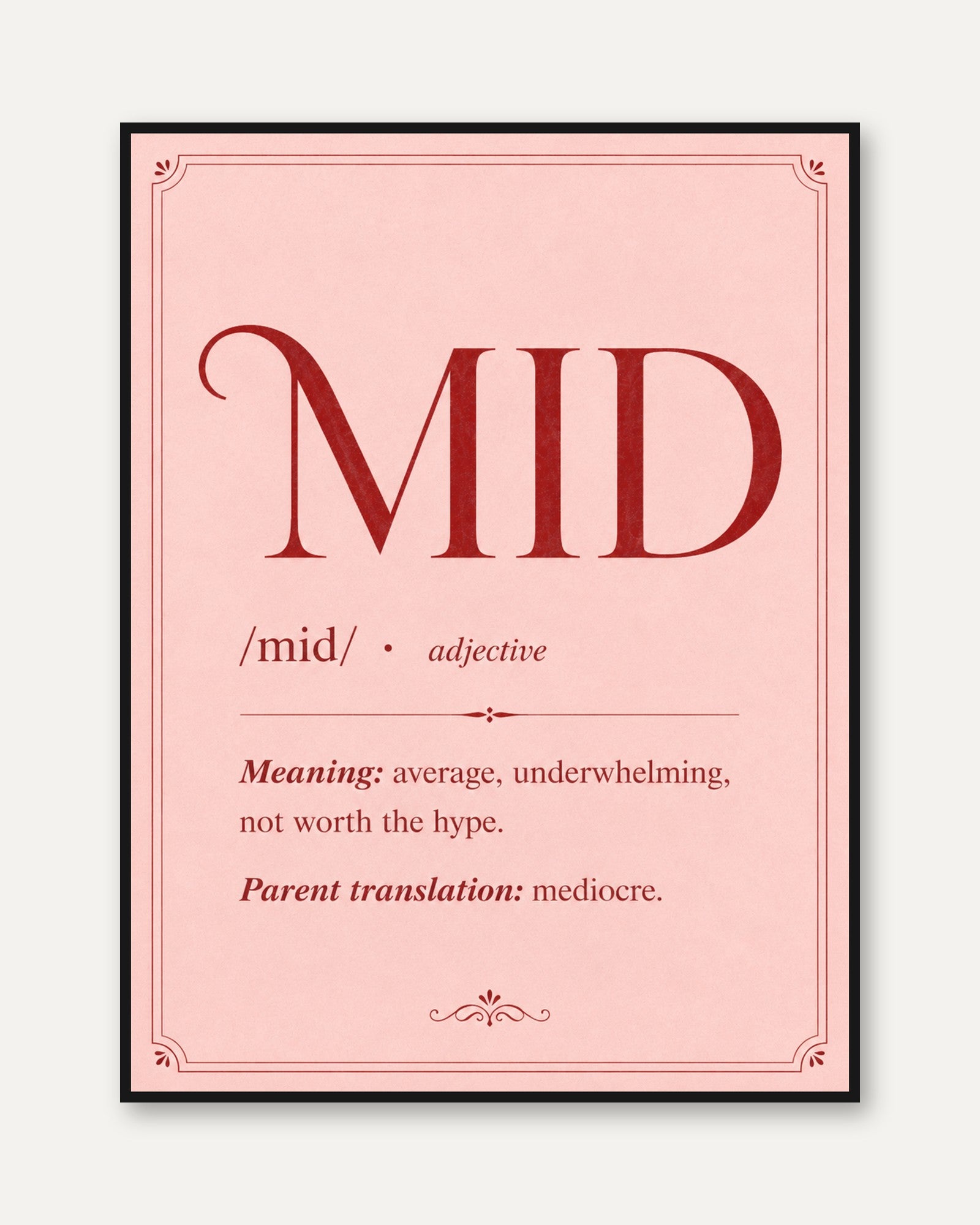 Mid Definition Typography Print: Pink Dictionary Style Wall Art - framed