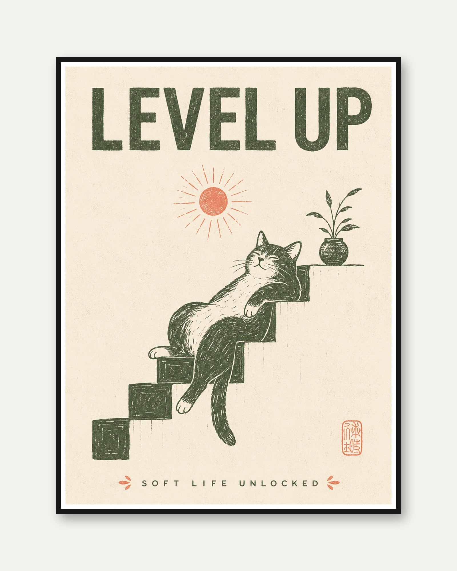 Level Up Cat on Stairs Print: Vintage Motivational Poster Art - framed