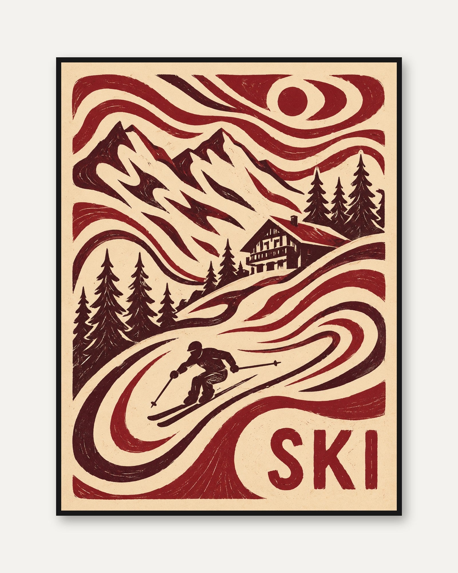 Vintage Ski Poster – Retro Mountain Print - framed