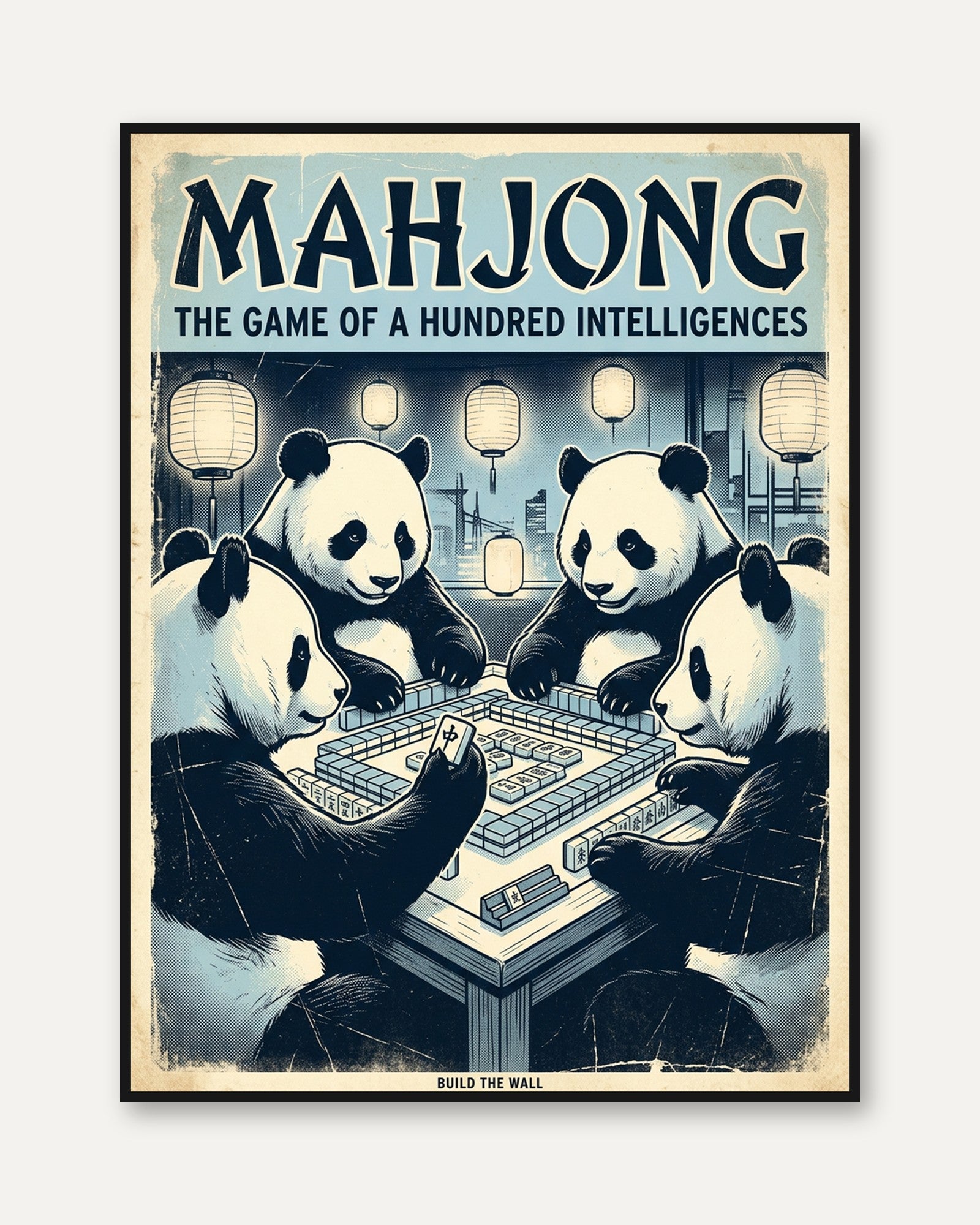 Mahjong Pandas Art Print: Vintage Asian Game Poster Design - framed