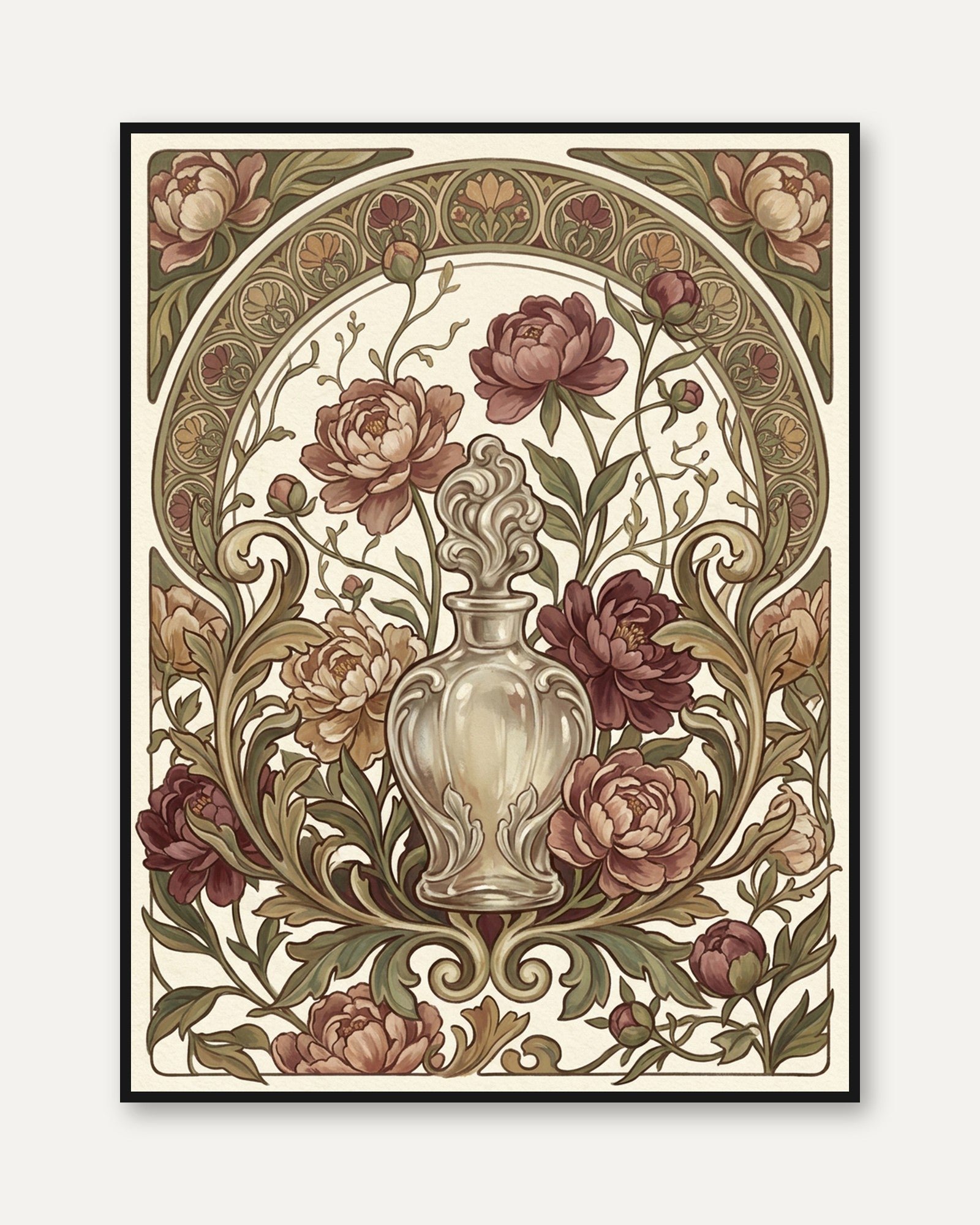 Art Nouveau Peony Vase Print: Ornate Floral Arch Design - framed