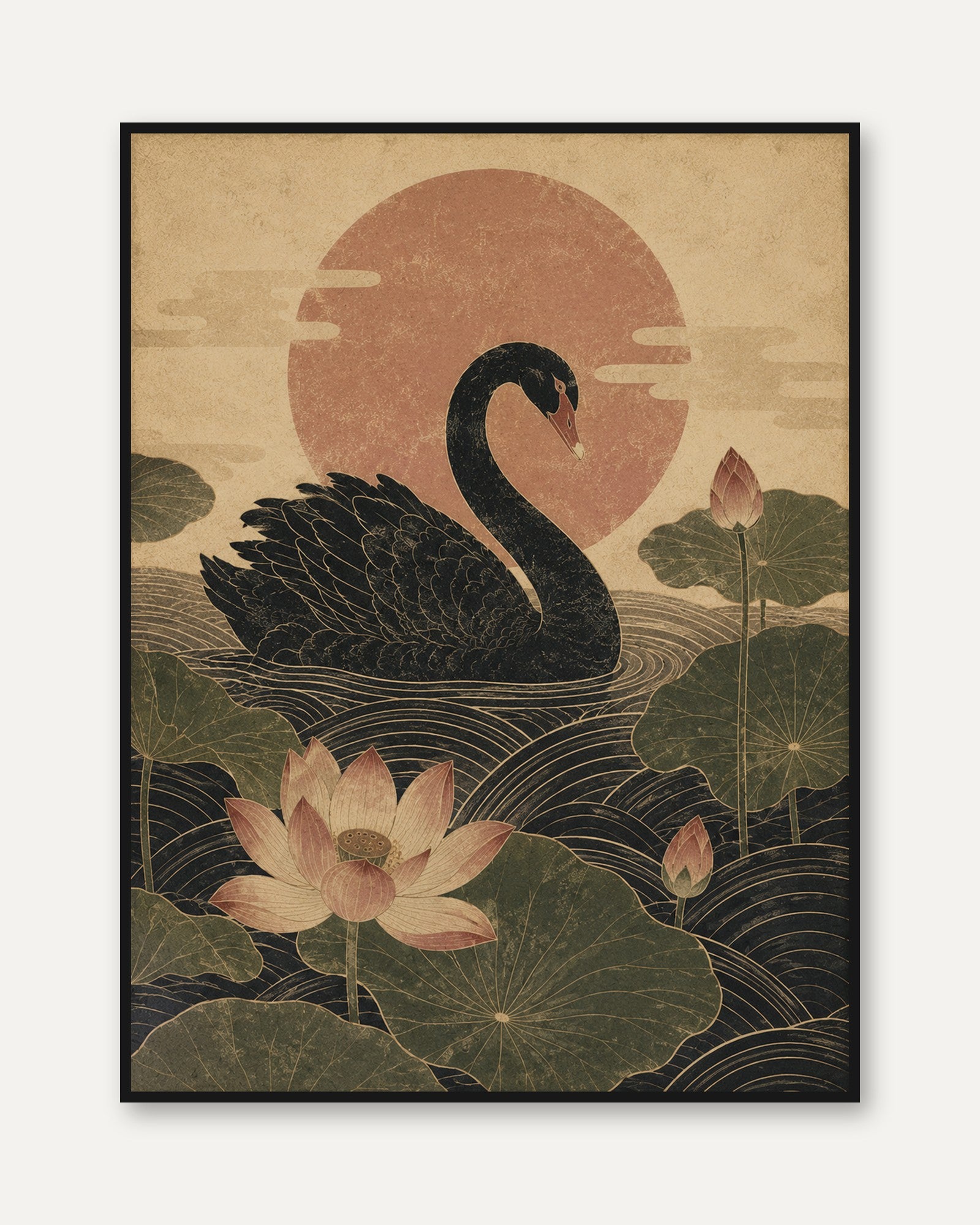 Black Swan Art Print: Japanese Lotus and Sun - framed